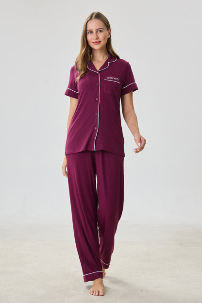 Bordeaux Luxe Modal Silk™ Pajama Set – Short Sleeve & Pants