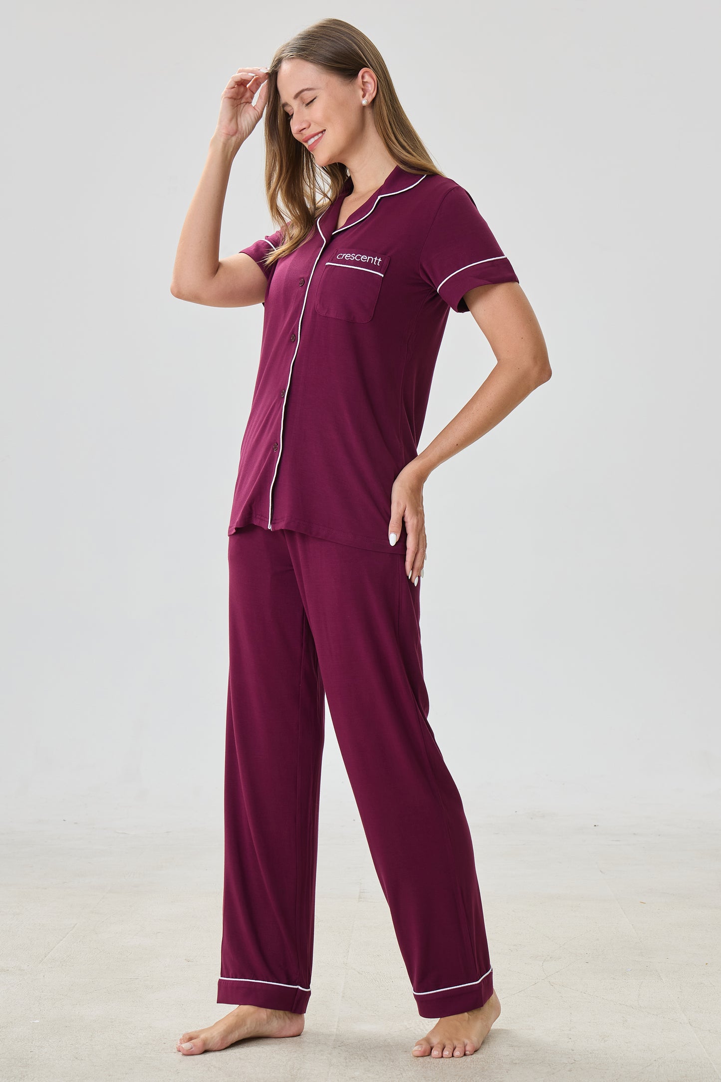 Bordeaux Luxe Modal Silk™ Pajama Set – Short Sleeve & Pants