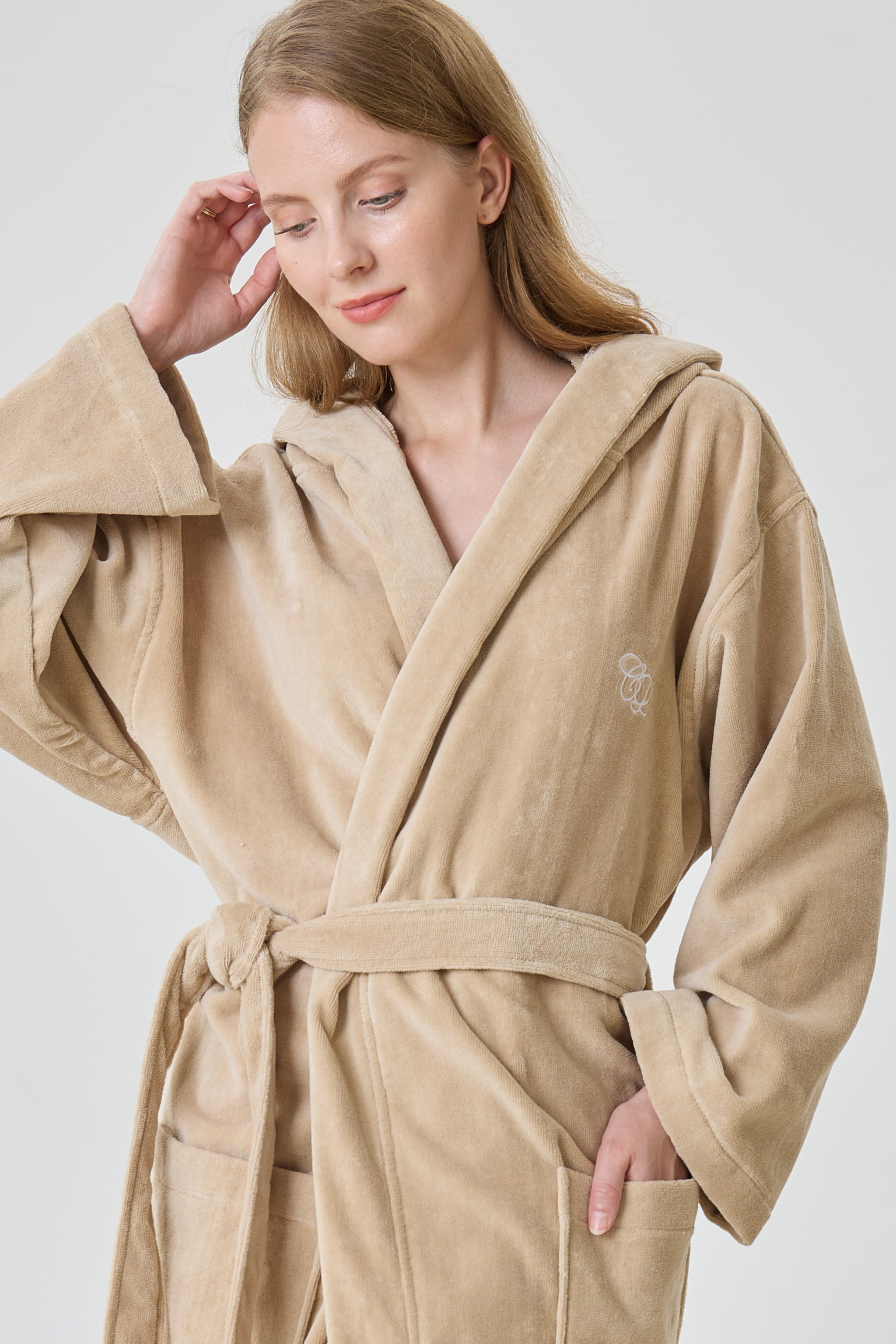 Cashmere Beige Hooded Turkish Cotton Spa Bathrobe - Crescentt