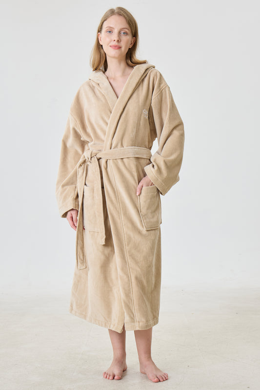 Cashmere Beige Hooded Turkish Cotton Spa Bathrobe