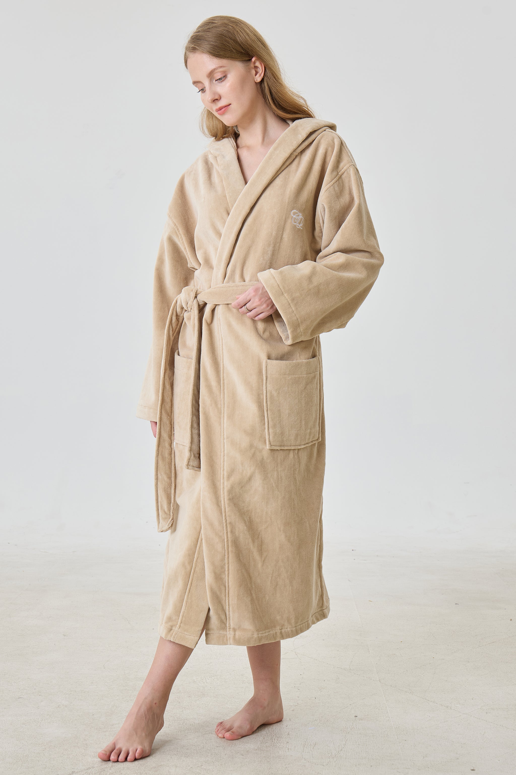 Cashmere Beige Hooded Turkish Cotton Spa Bathrobe - Crescentt