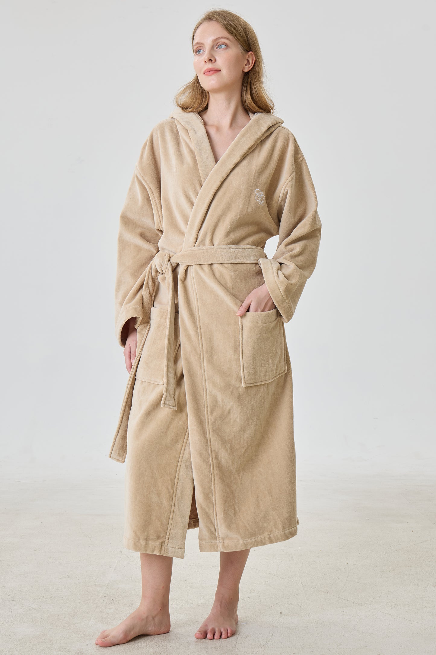 Cashmere Beige Hooded Turkish Cotton Spa Bathrobe