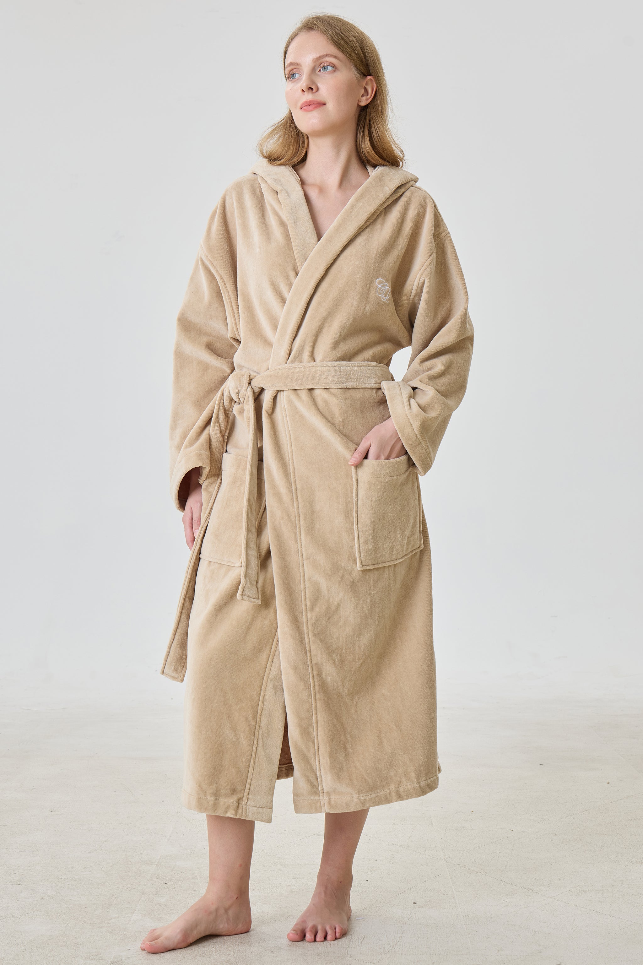 Cashmere Beige Hooded Turkish Cotton Spa Bathrobe - Crescentt