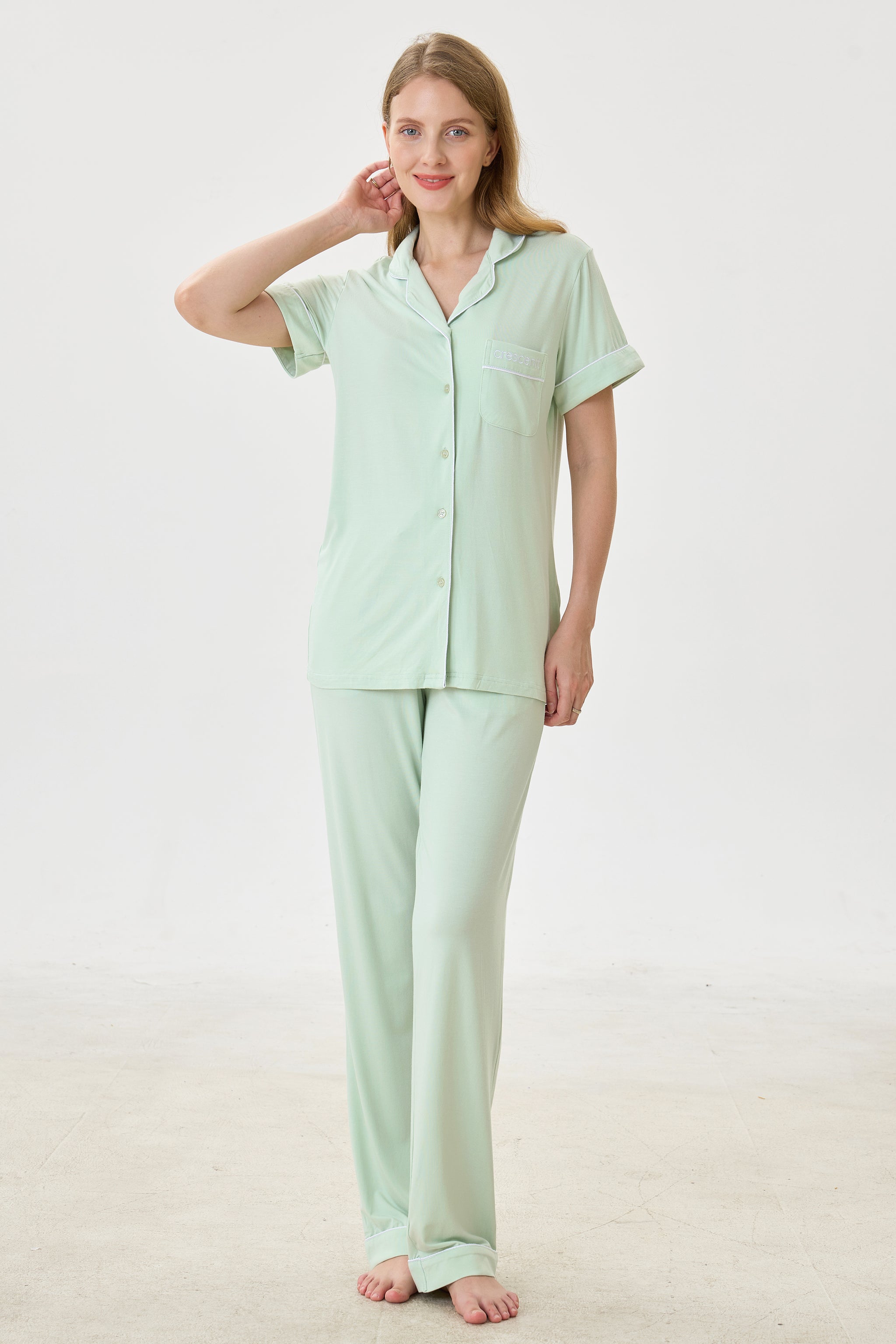 Celadon Luxe Modal Silk™ Pajama Set – Short Sleeve & Pants - Crescentt