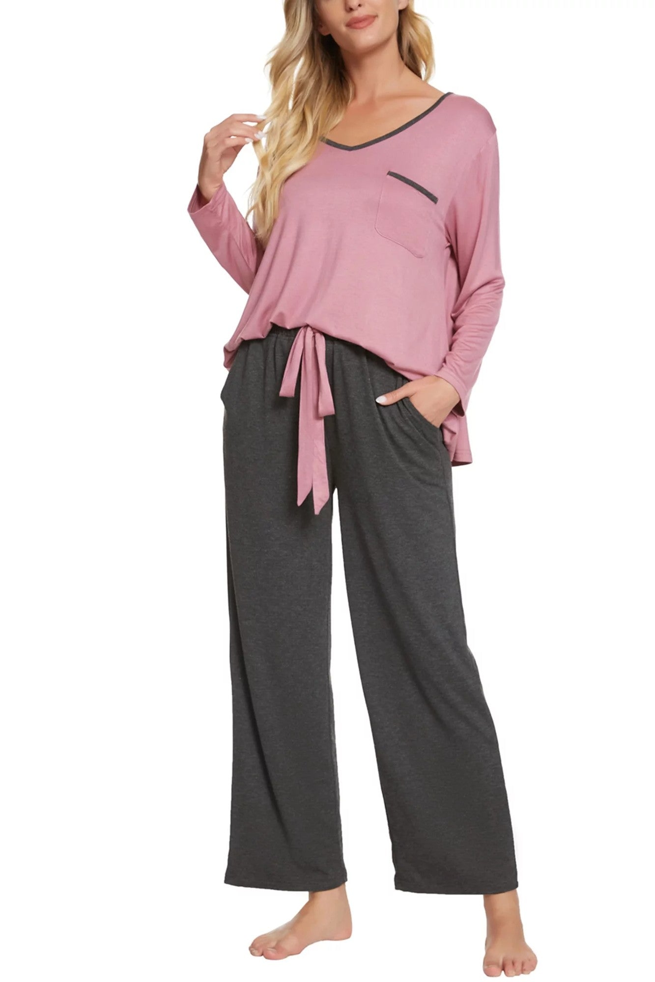 Nightgown,Modal Pajamas Set Women 3/4 Sleeve Tops + Long Pants Ladies  Sleepwear Solid Color V-Neck Lace Elegant Women's Clothing XL LX-81064Purple