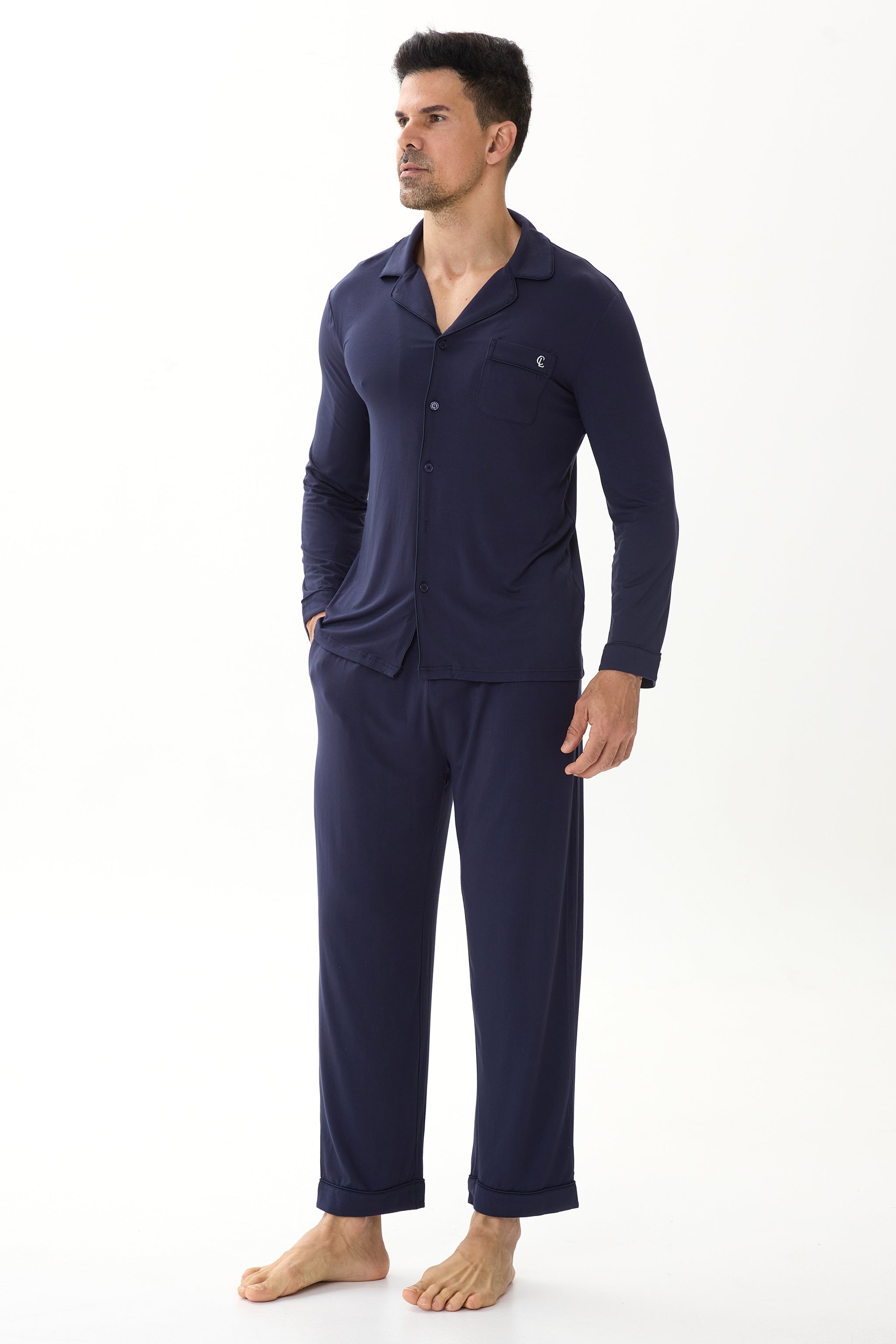 Midnight Cobalt Men’s Organic Bamboo Silk™ Pajama Set – Long Sleeve & Pants - Crescentt