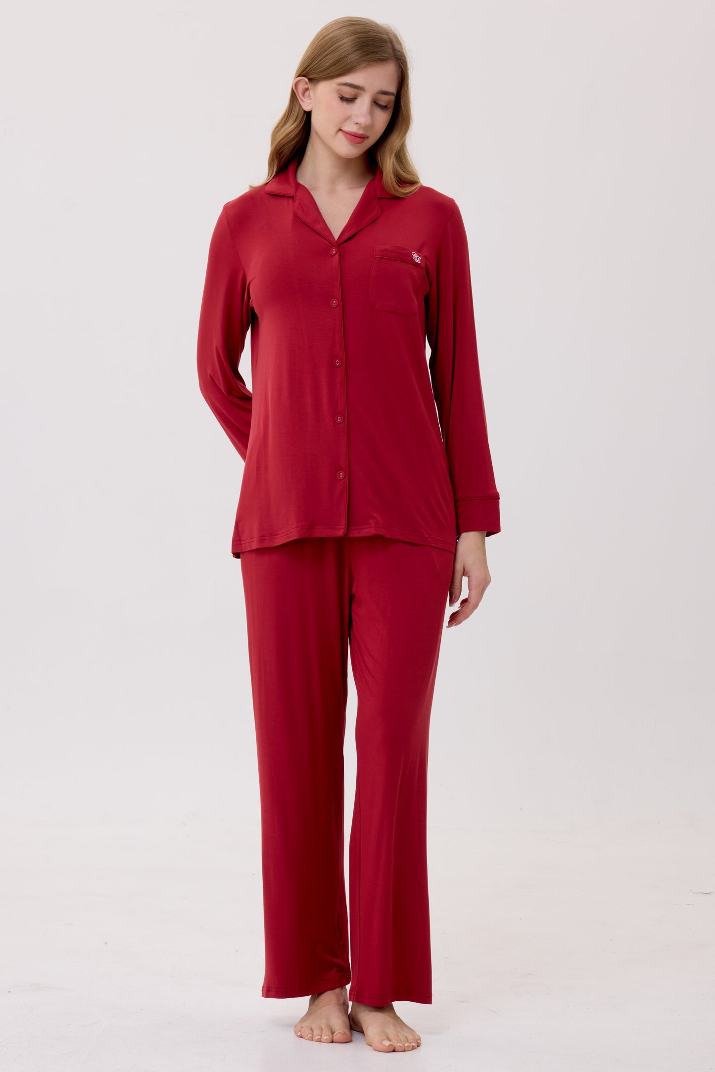 Crimson Luxe Modal Silk™ Pajama Set – Long Sleeve & Pants