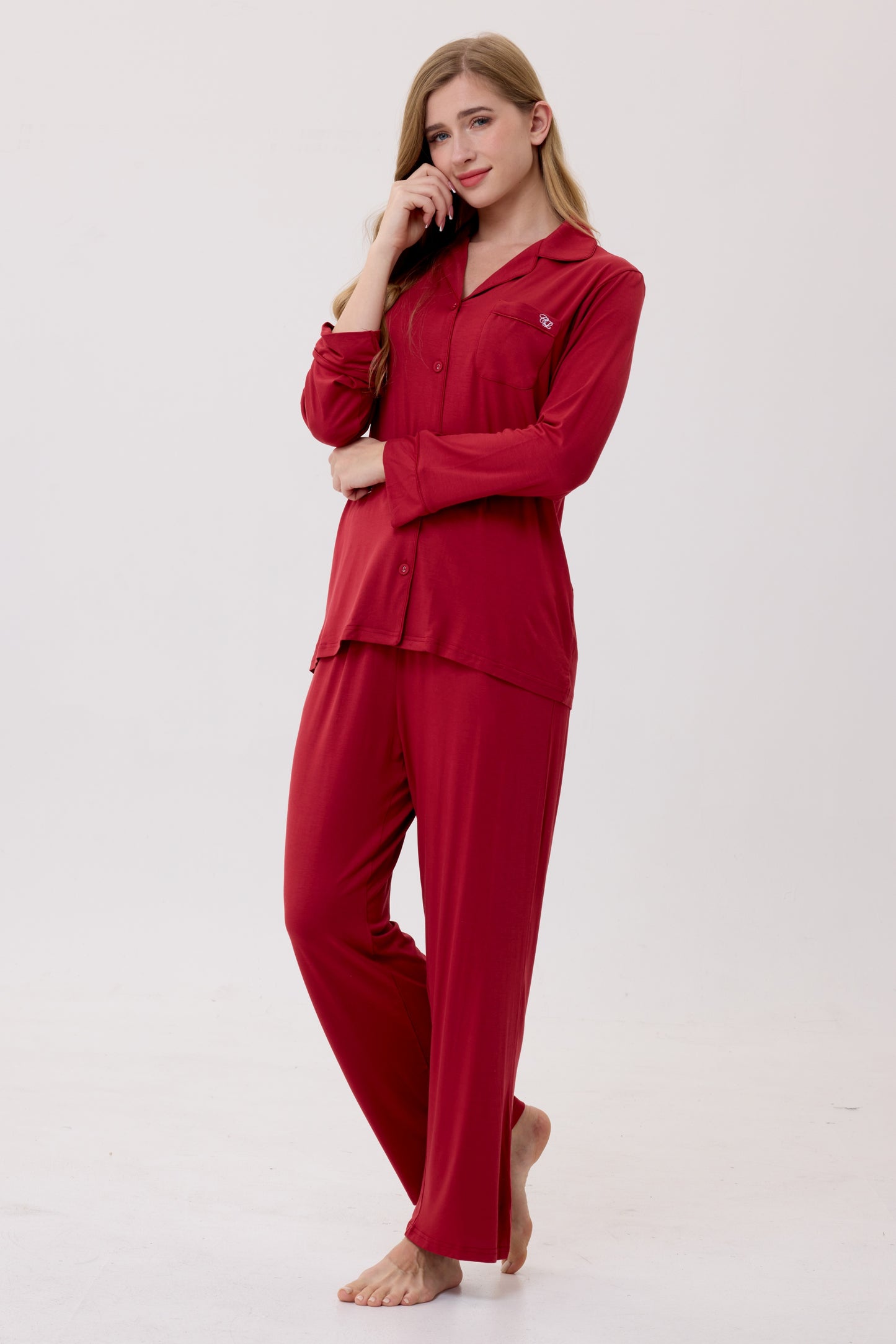 Crimson Luxe Modal Silk™ Pajama Set – Long Sleeve & Pants
