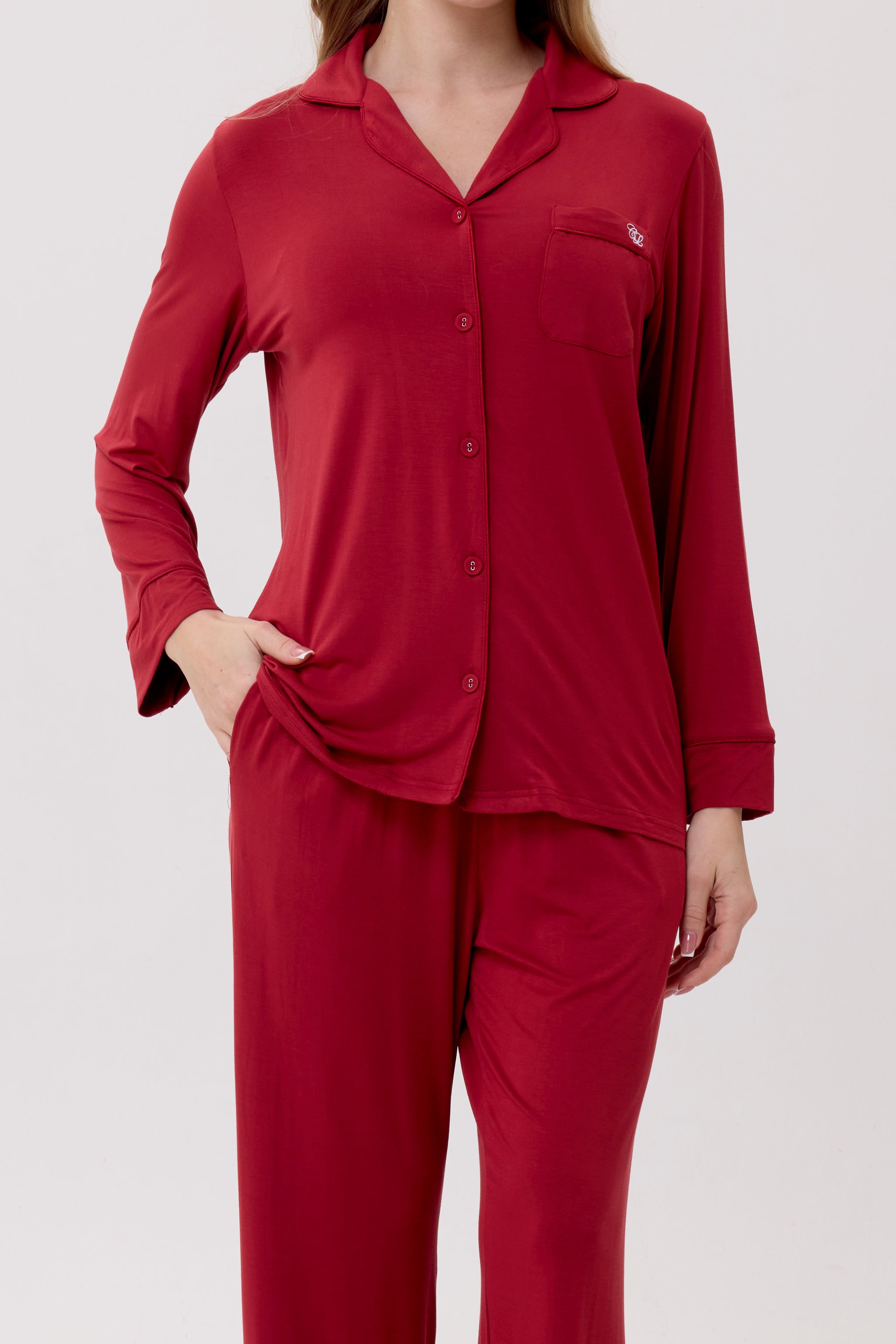 Crimson Luxe Modal Silk™ Pajama Set – Long Sleeve & Pants - Crescentt