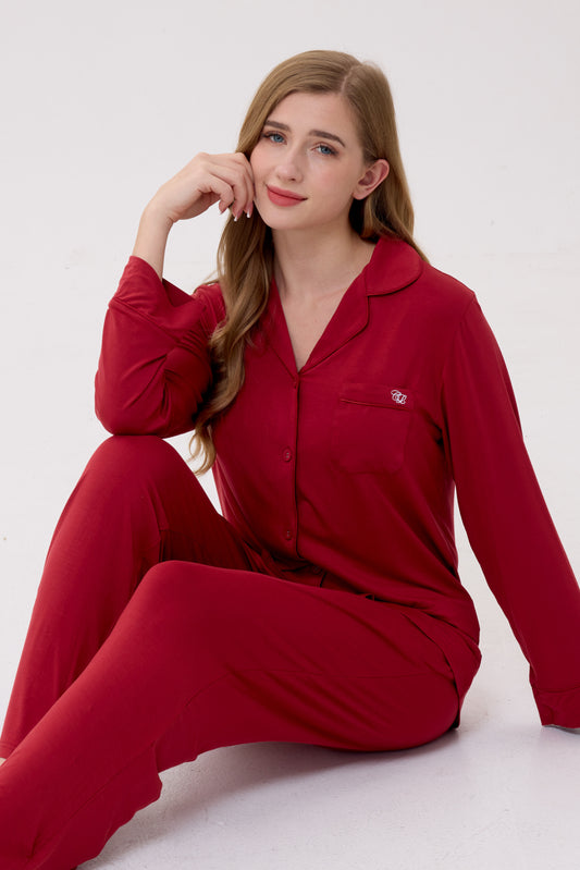 Crimson Luxe Modal Silk™ Pajama Set – Long Sleeve & Pants
