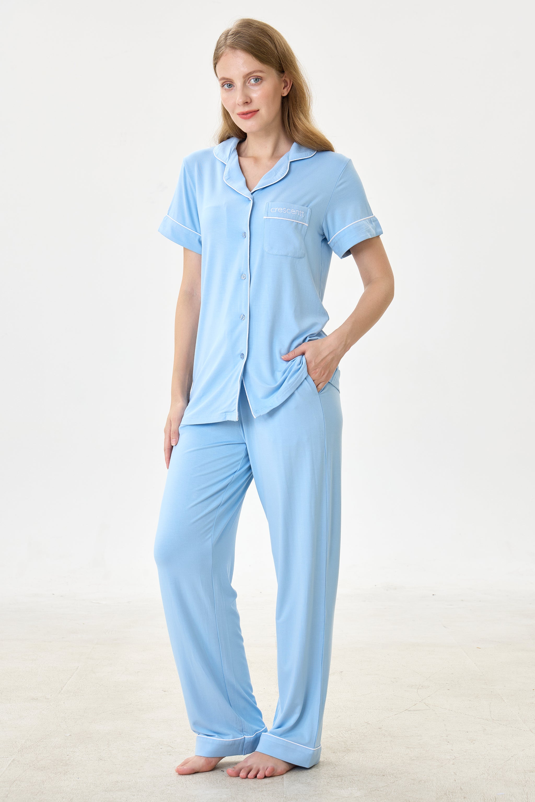 Forget-Me-Not Luxe Modal Silk™ Pajama Set – Short Sleeve & Pants - Crescentt