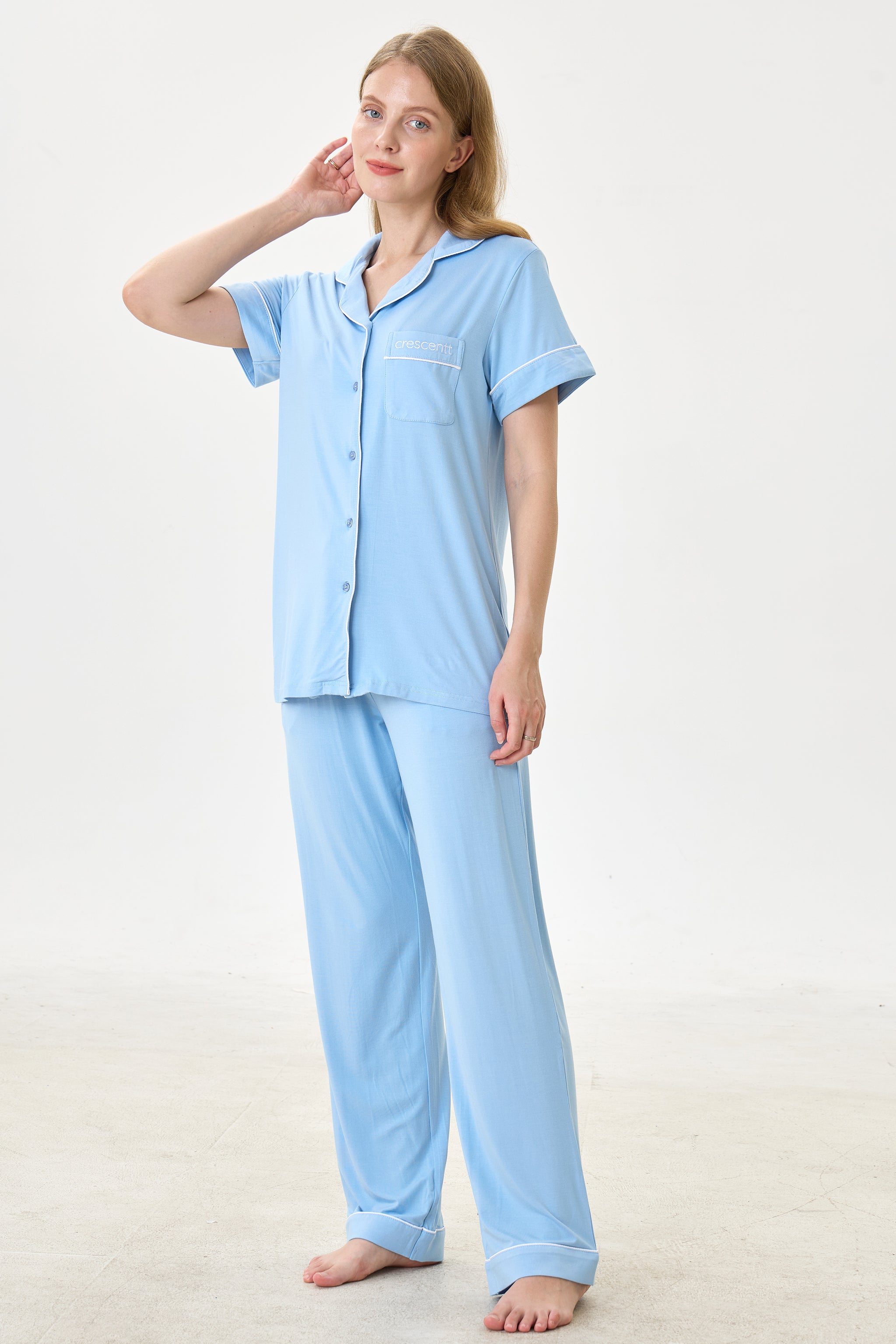 Forget-Me-Not Luxe Modal Silk™ Pajama Set – Short Sleeve & Pants - Crescentt