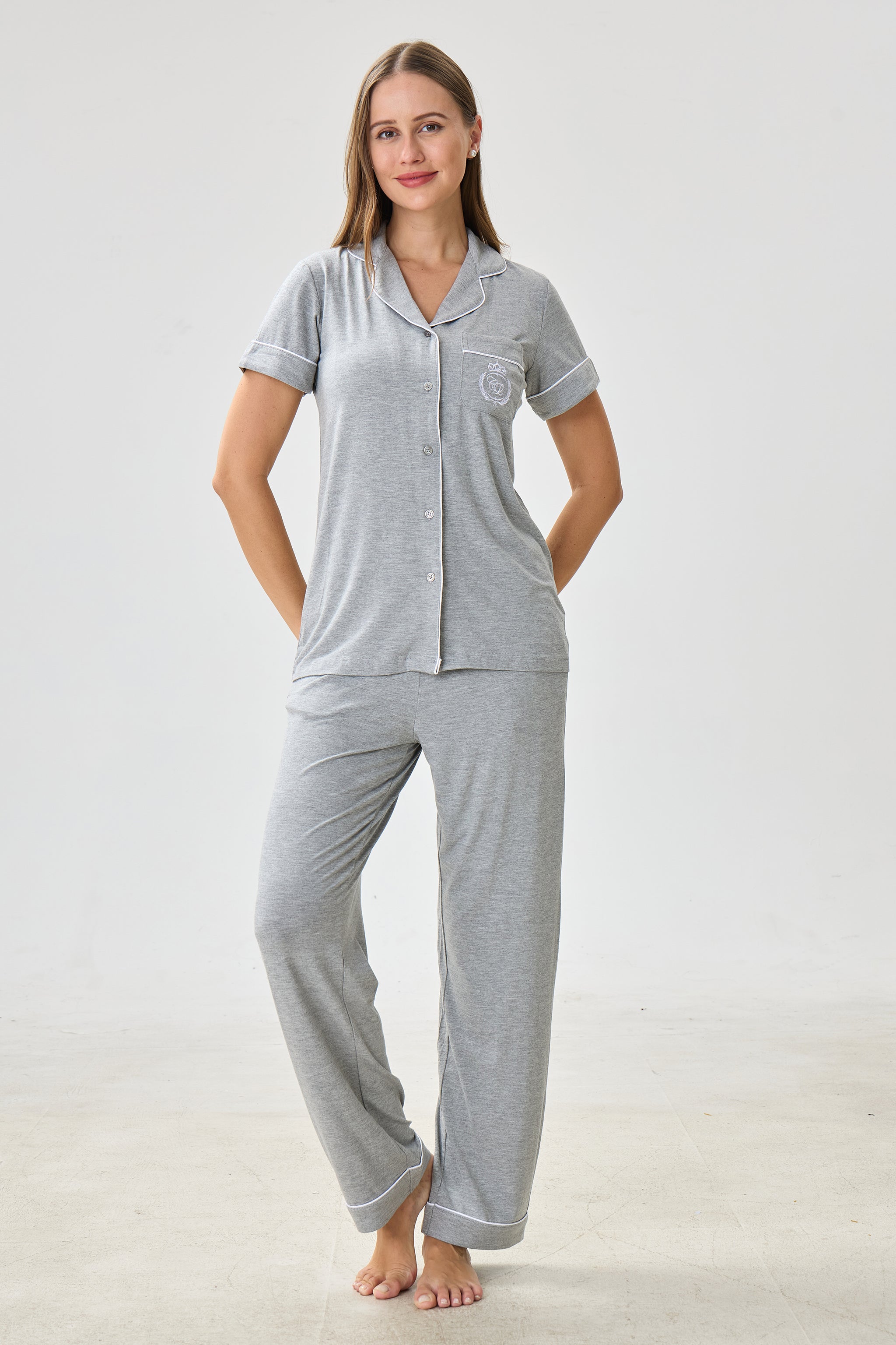 Gray Heather Bamboo Silk™ Pajama Set – Short Sleeve & Pants - Crescentt