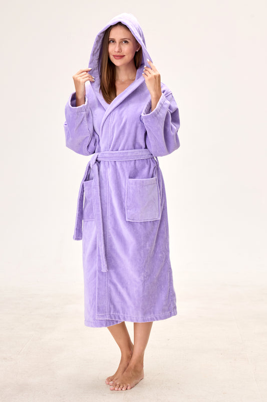 Velvetica™ Türkischer Baumwoll-Spa-Bademantel – Lavendel Kapuze