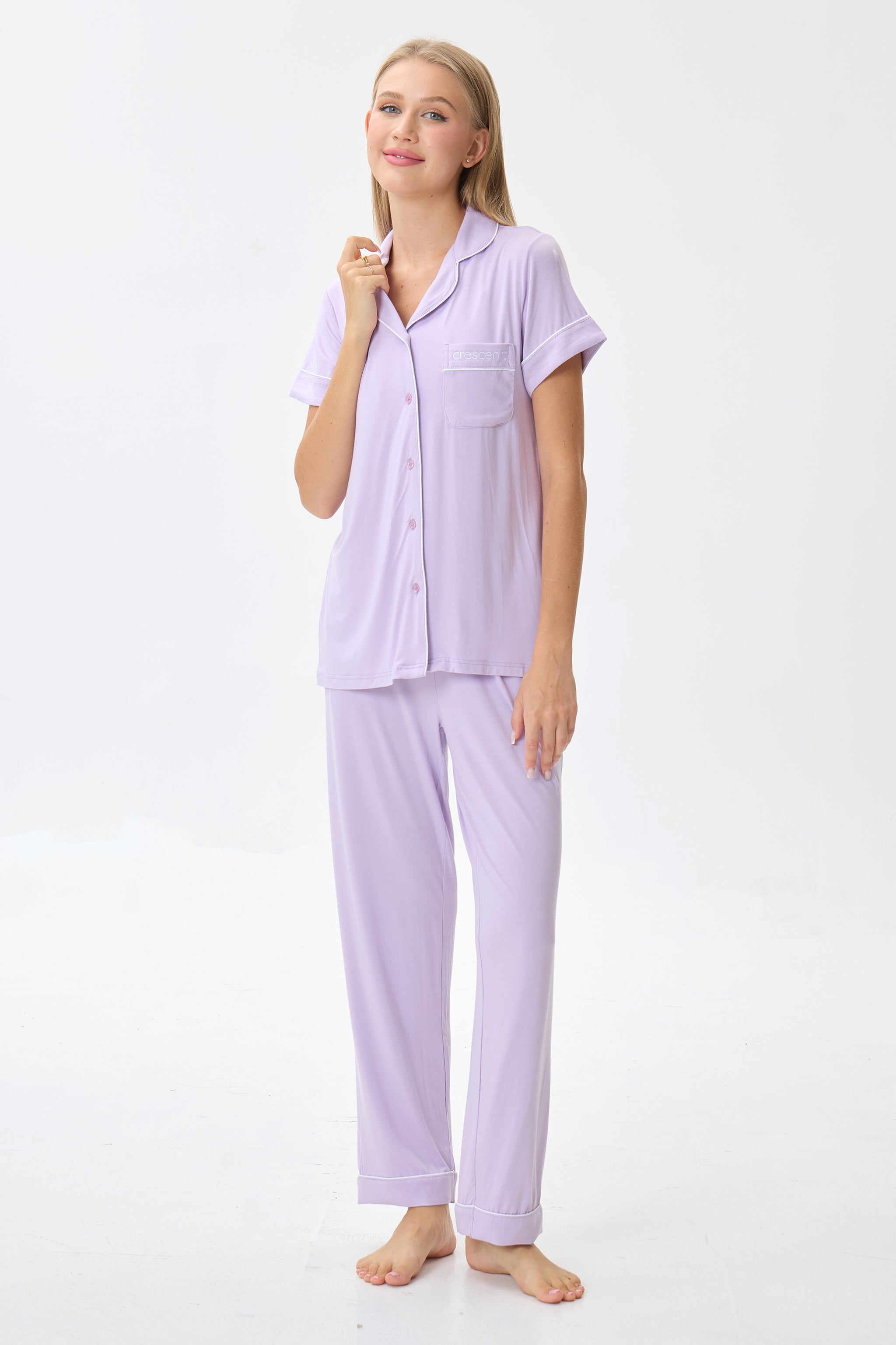 Light Lilac Luxe Modal Silk™ Pajama Set – Short Sleeve & Pants - Crescentt