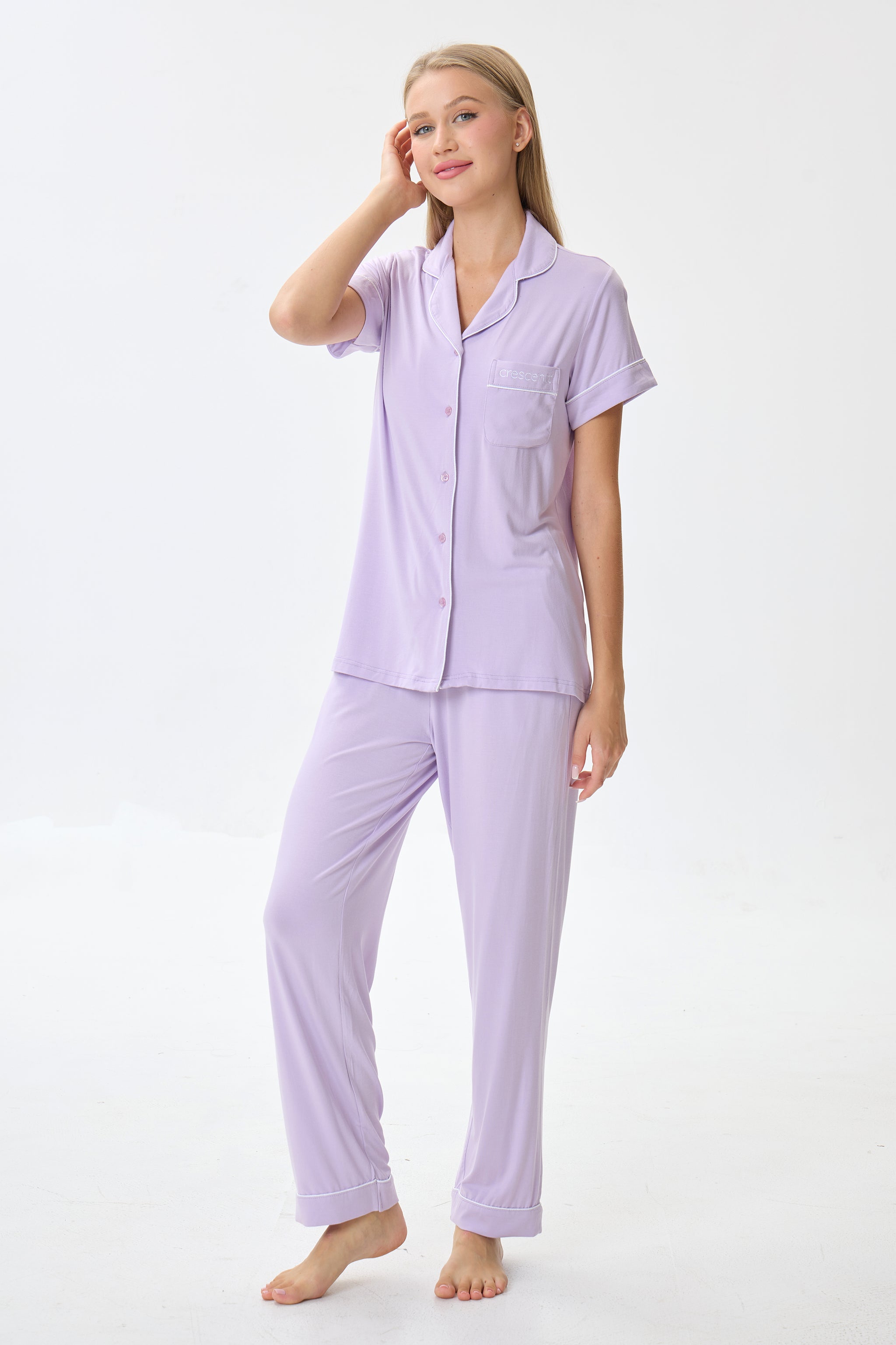 Light Lilac Luxe Modal Silk™ Pajama Set – Short Sleeve & Pants - Crescentt