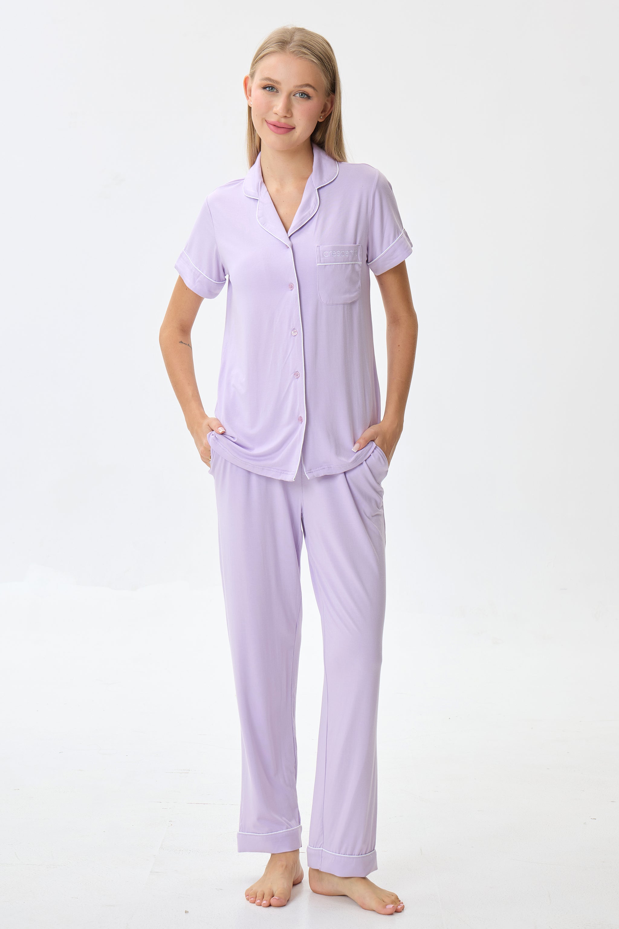 Light Lilac Luxe Modal Silk™ Pajama Set – Short Sleeve & Pants - Crescentt