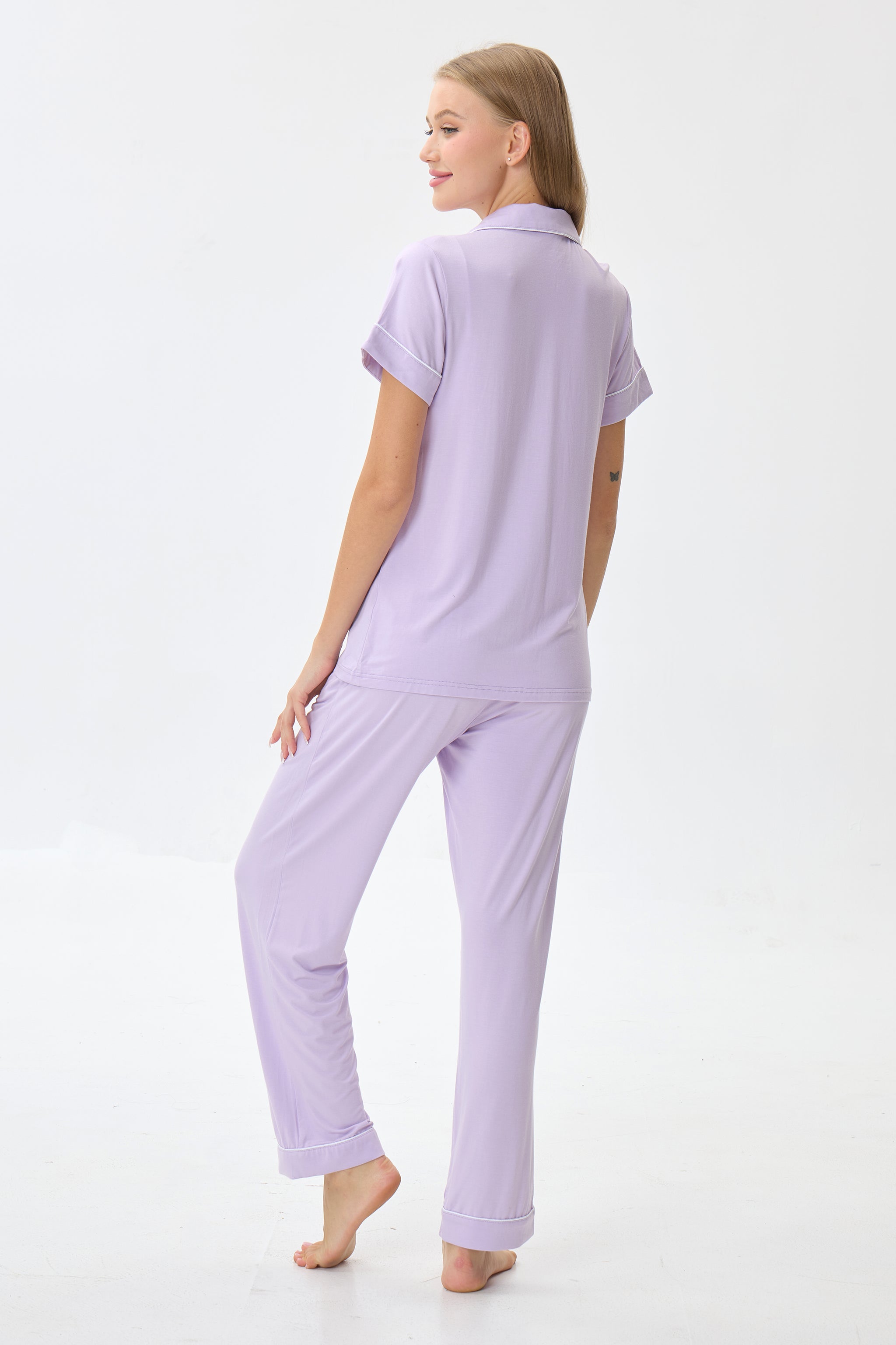 Light Lilac Luxe Modal Silk™ Pajama Set – Short Sleeve & Pants - Crescentt
