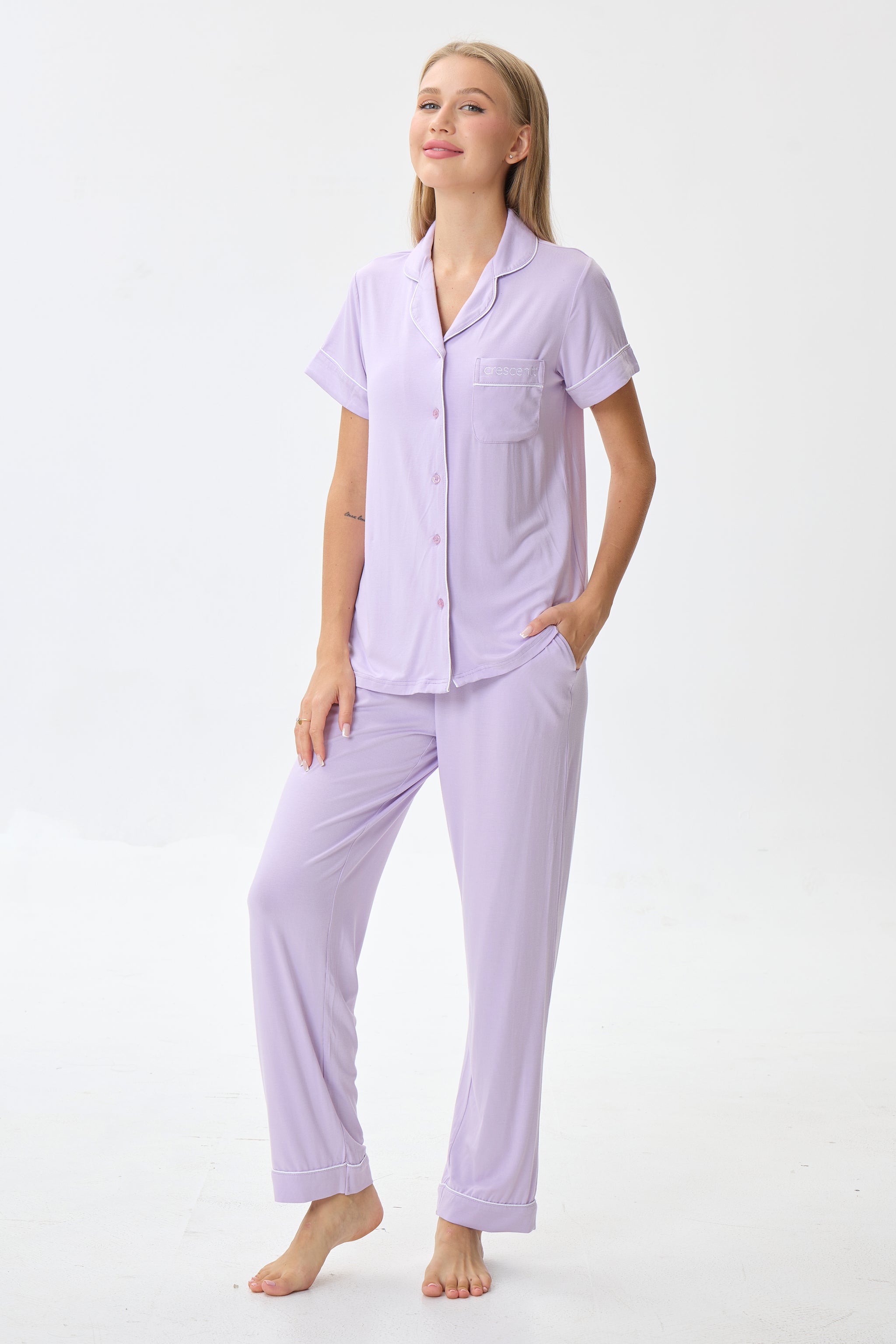 Light Lilac Luxe Modal Silk™ Pajama Set – Short Sleeve & Pants - Crescentt