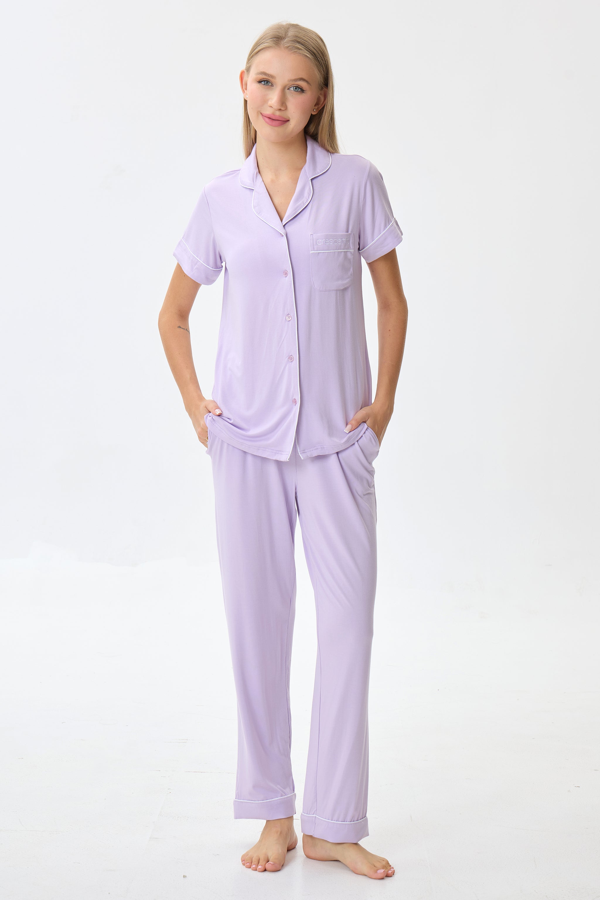 Light Lilac Luxe Modal Silk™ Pajama Set – Short Sleeve & Pants - Crescentt