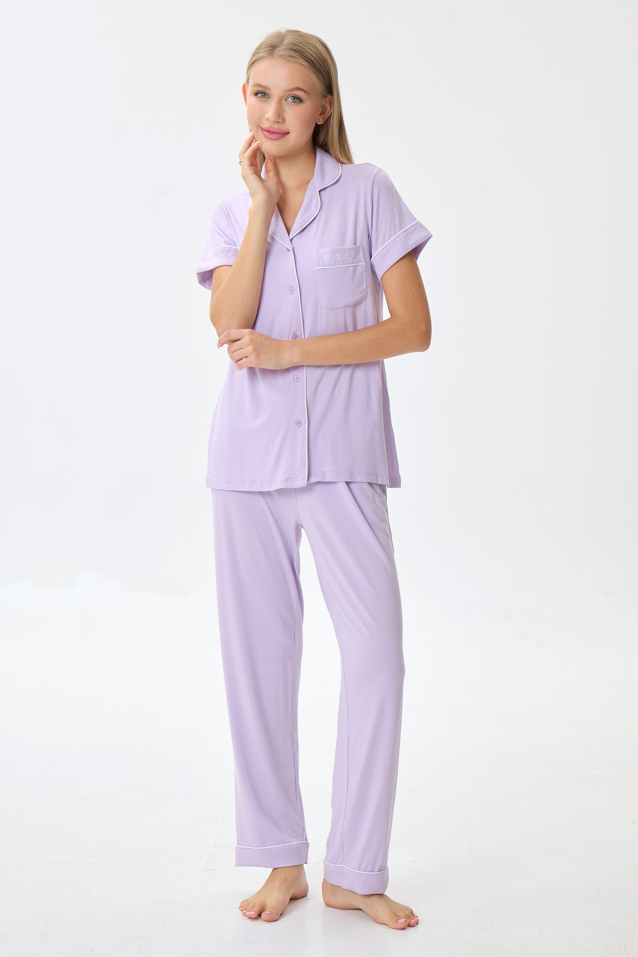 Light Lilac Luxe Modal Silk™ Pajama Set – Short Sleeve & Pants - Crescentt