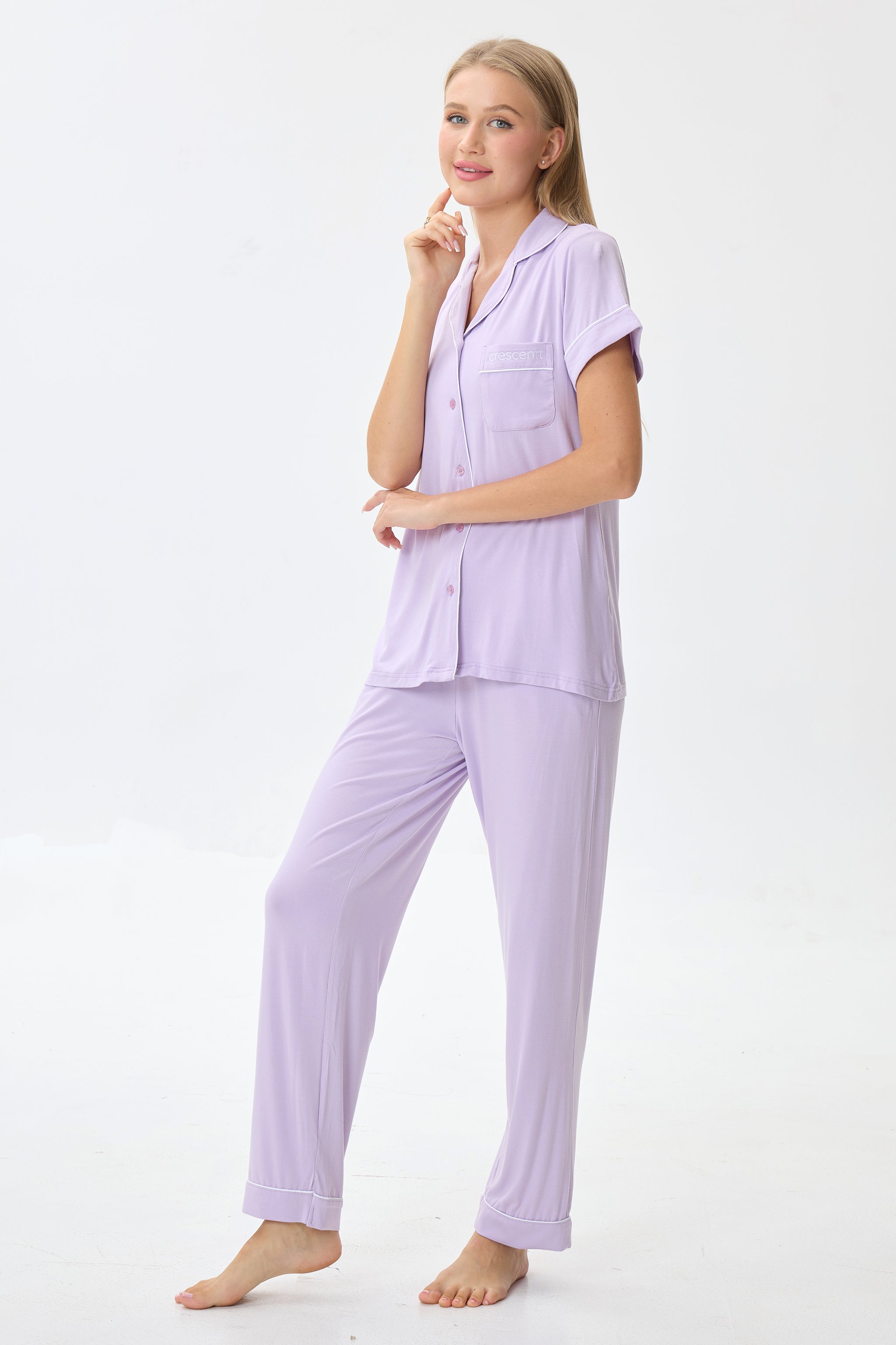 Light Lilac Luxe Modal Silk™ Pajama Set – Short Sleeve & Pants - Crescentt