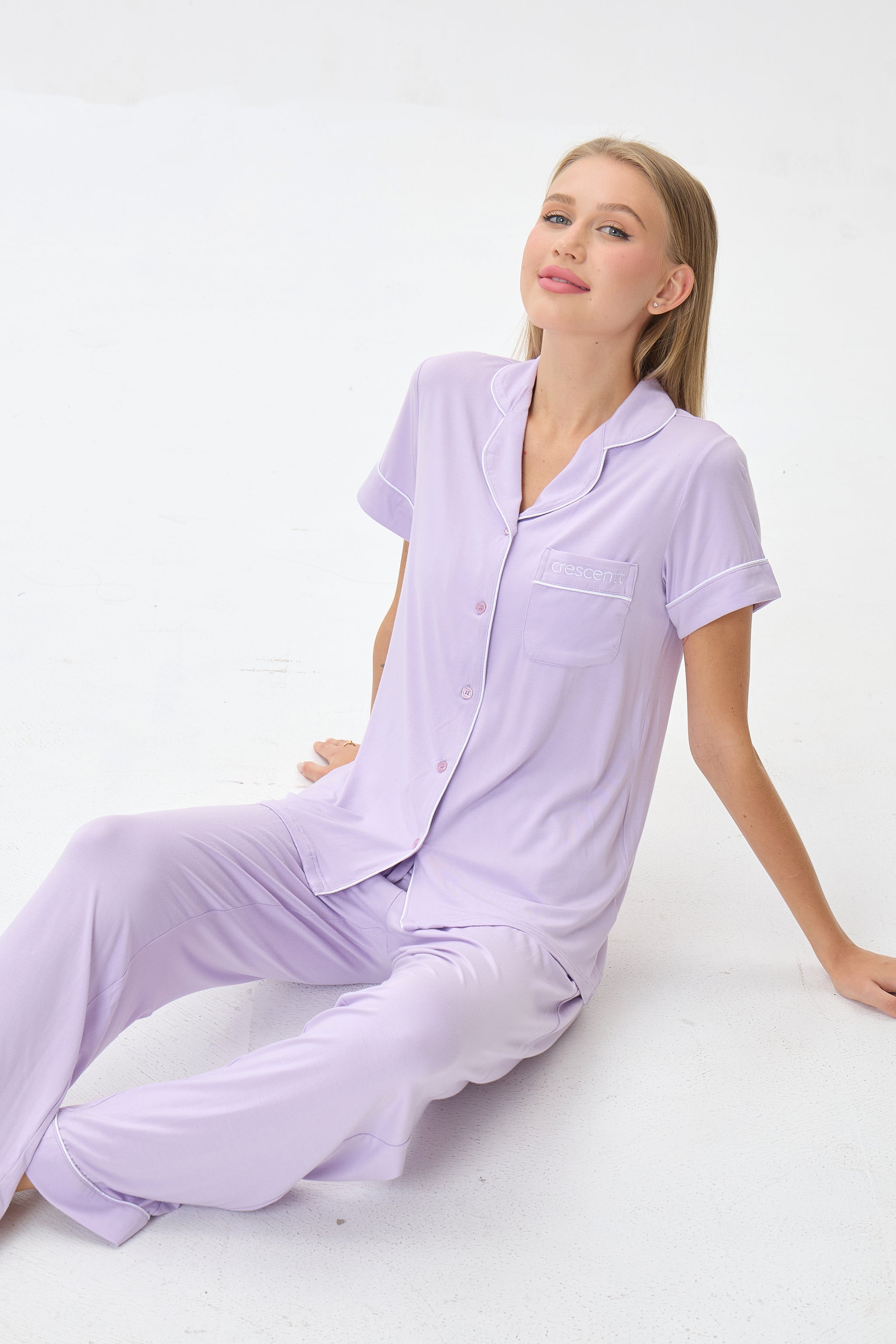 Light Lilac Luxe Modal Silk™ Pajama Set – Short Sleeve & Pants - Crescentt