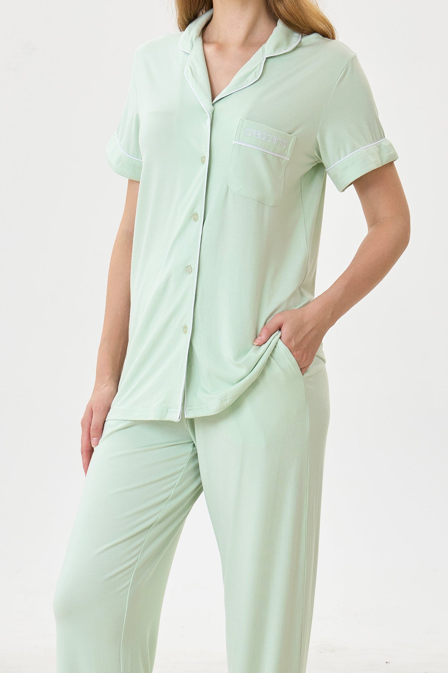 Celadon Luxe Modal Silk™ Pajama Set – Short Sleeve & Pants - Crescentt