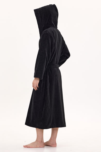 Jet Black Velvetica™ Hooded Luxury Bathrobe
