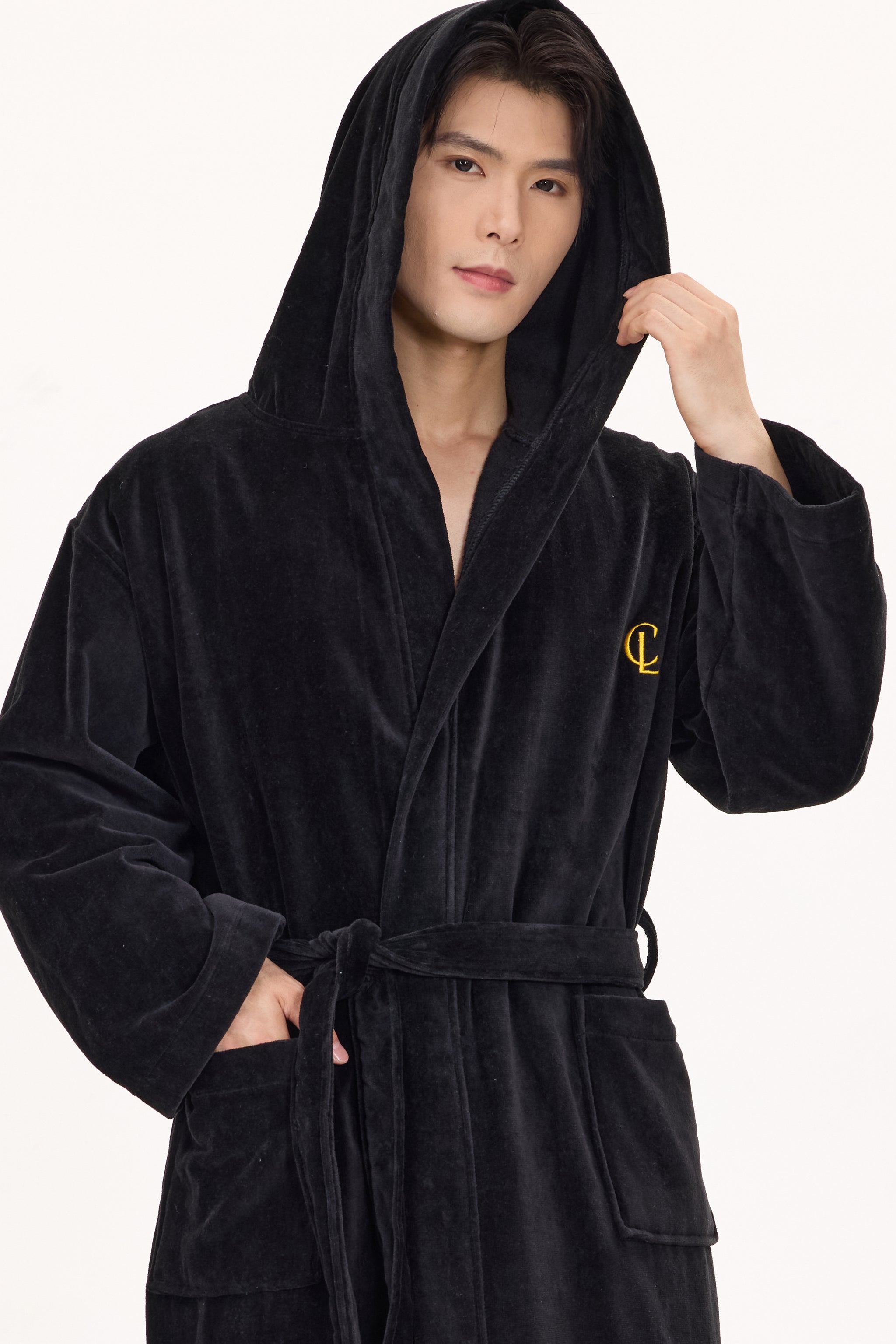 Jet Black Velvetica™ Hooded Luxury Bathrobe - Crescentt
