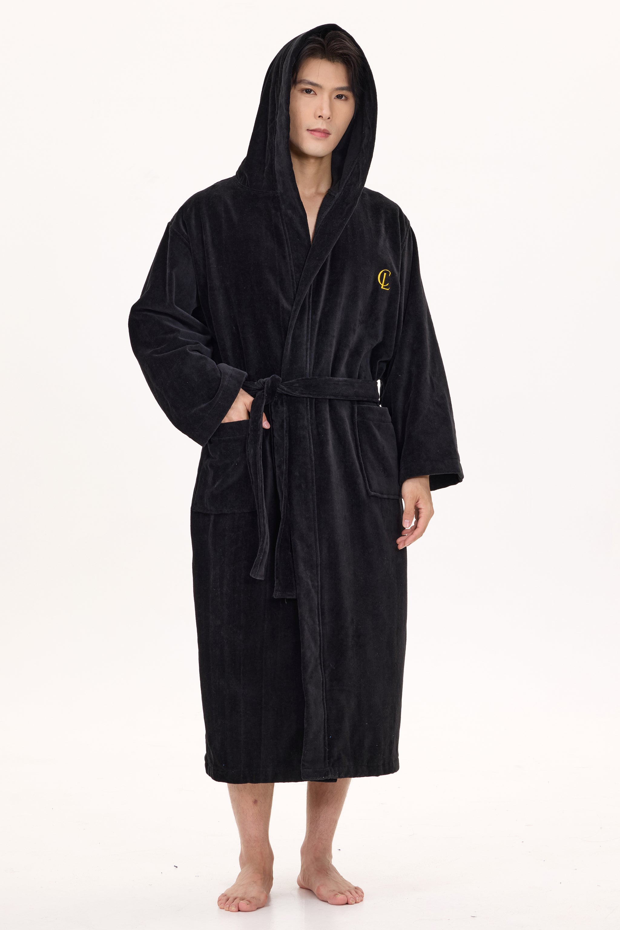 Jet Black Velvetica™ Hooded Luxury Bathrobe - Crescentt