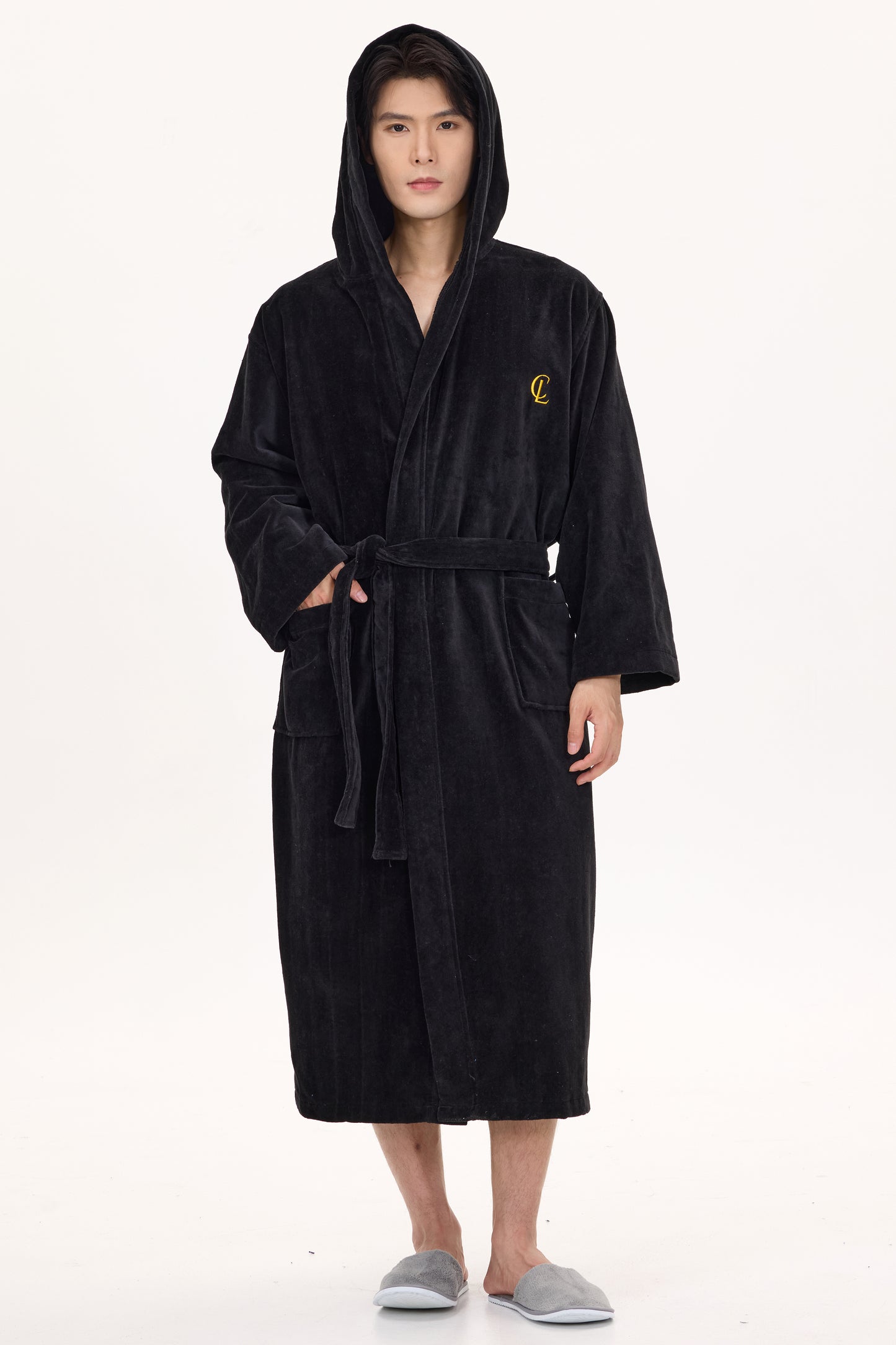 Jet Black Velvetica™ Hooded Luxury Bathrobe
