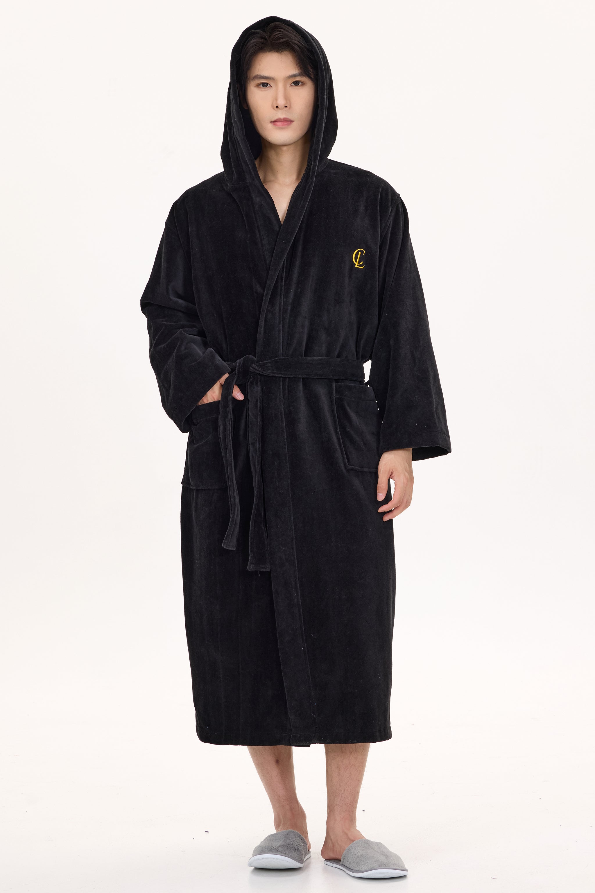 Jet Black Velvetica™ Hooded Luxury Bathrobe - Crescentt