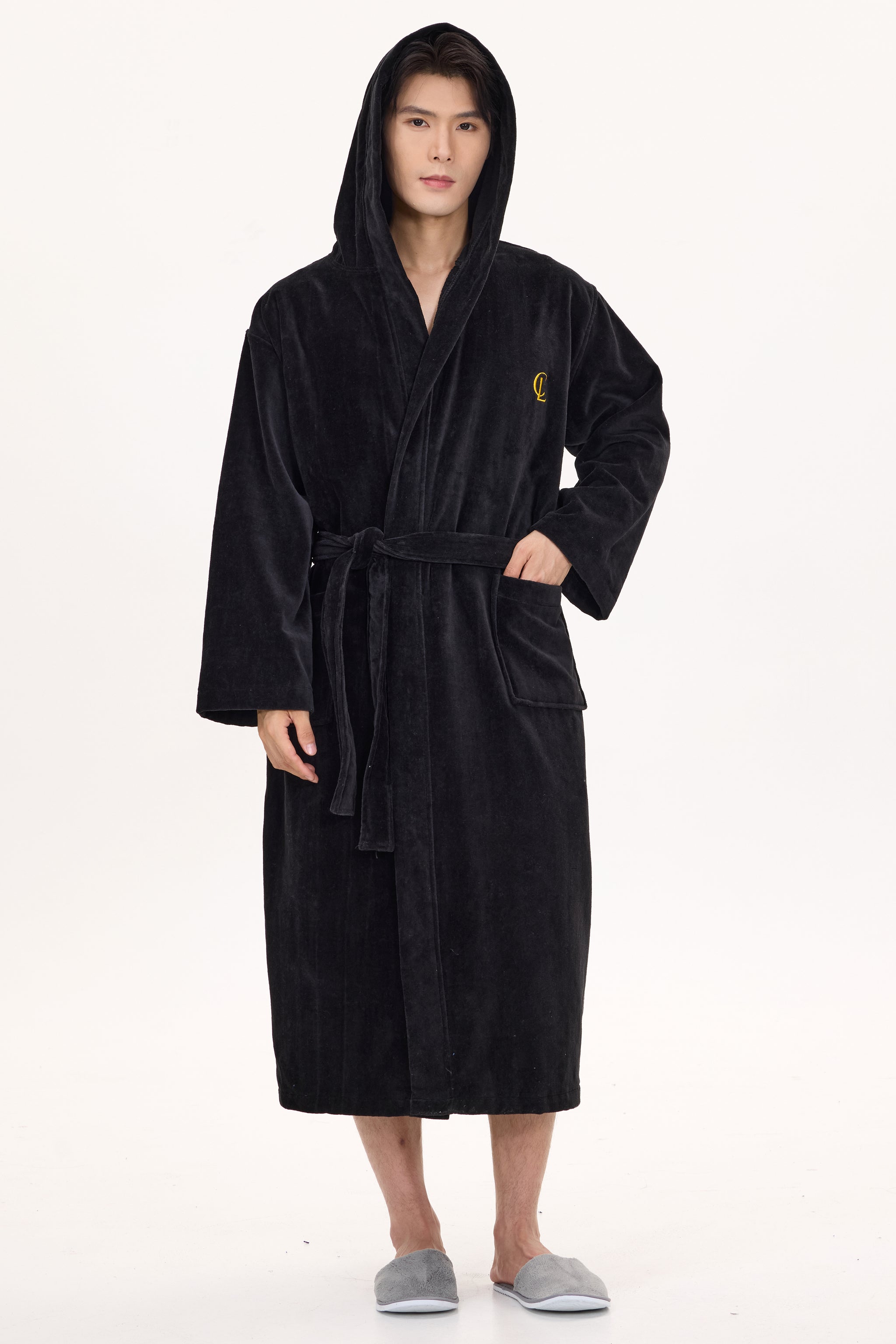 Jet Black Velvetica™ Hooded Luxury Bathrobe - Crescentt