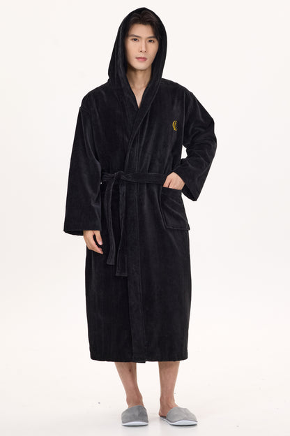 Jet Black Velvetica™ Hooded Luxury Bathrobe