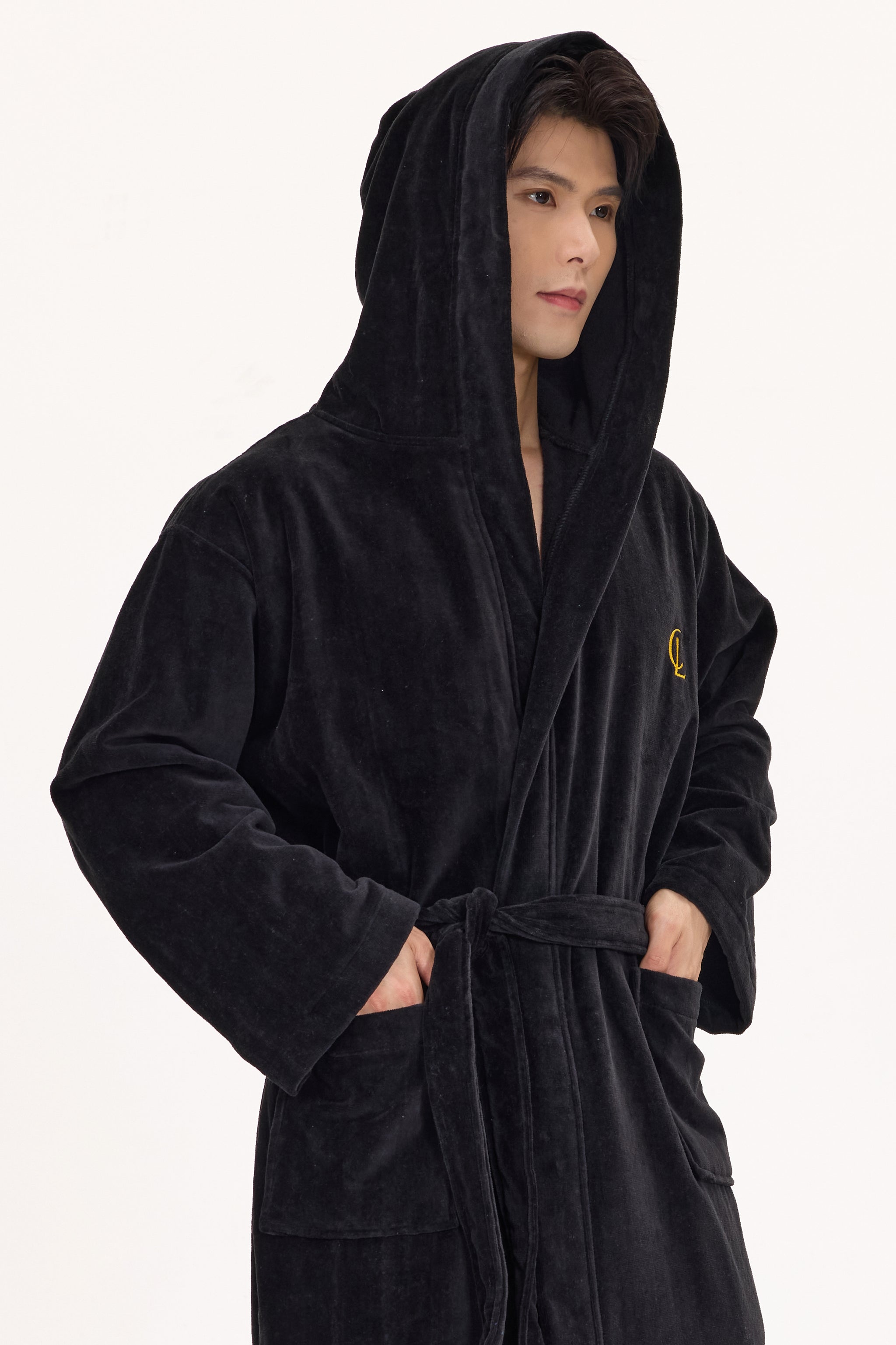 Jet Black Velvetica™ Hooded Luxury Bathrobe - Crescentt