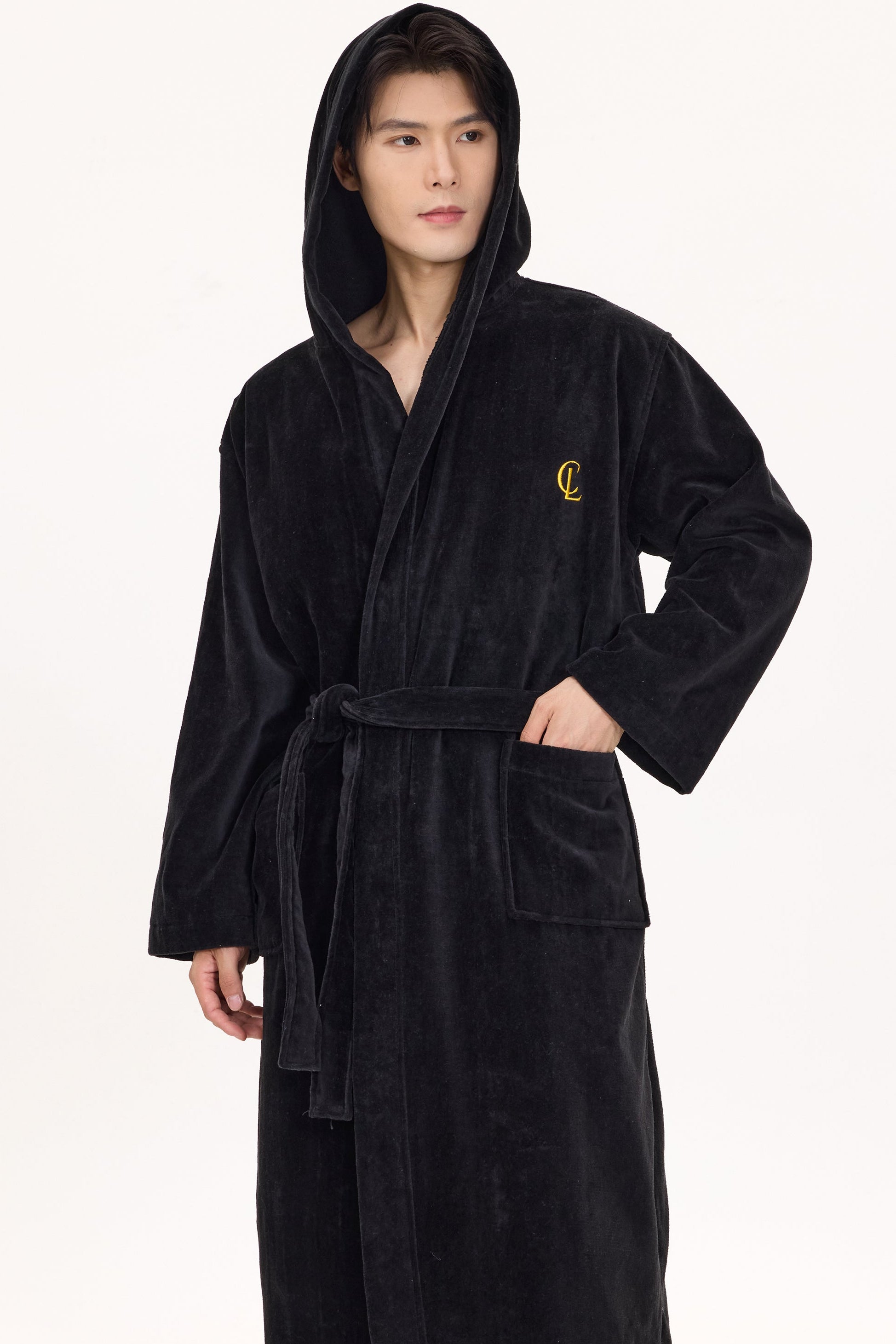 Jet Black Velvetica™ Hooded Luxury Bathrobe - Crescentt