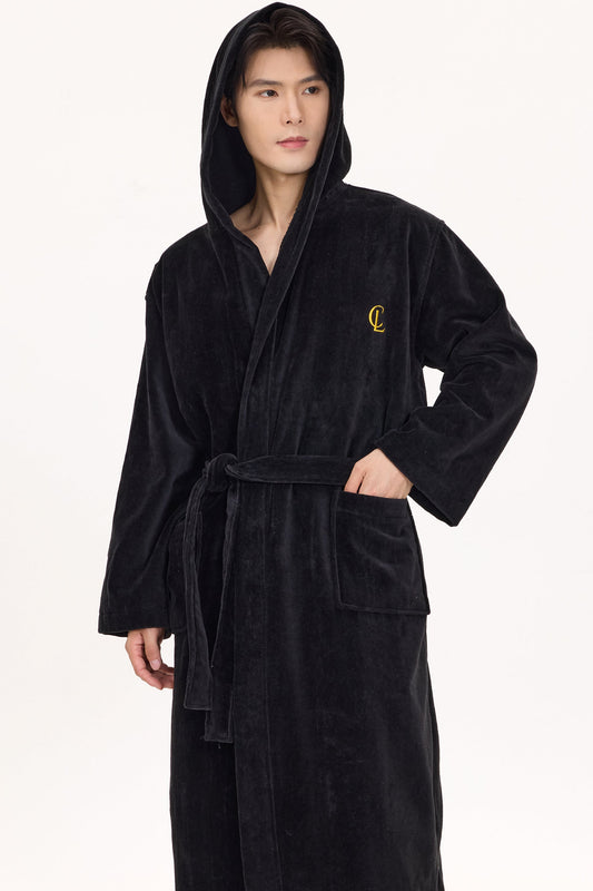 Jet Black Velvetica™ Hooded Luxury Bathrobe
