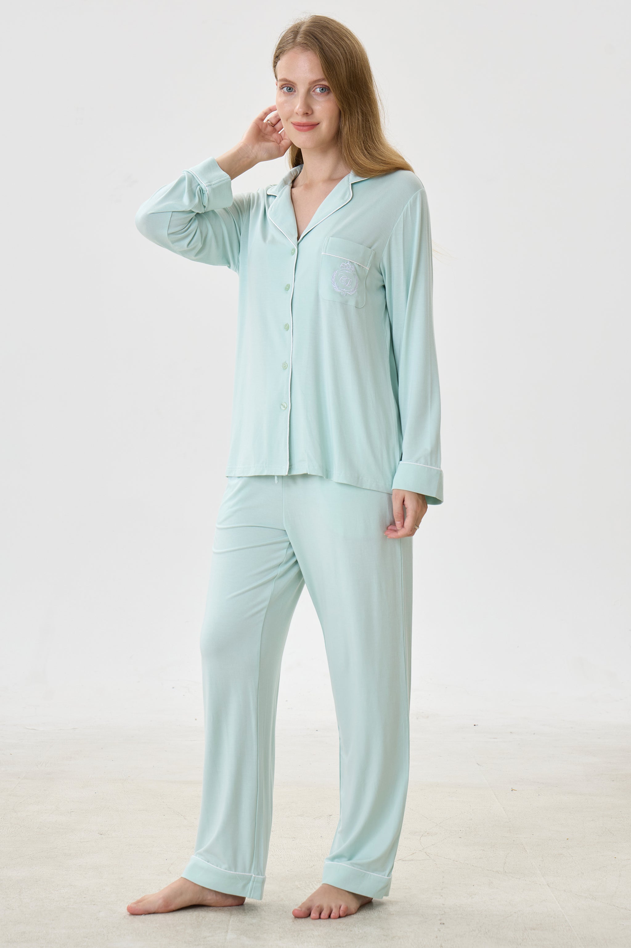 Mint Bamboo Silk™ Pajama Set – Long Sleeve & Pants - Crescentt