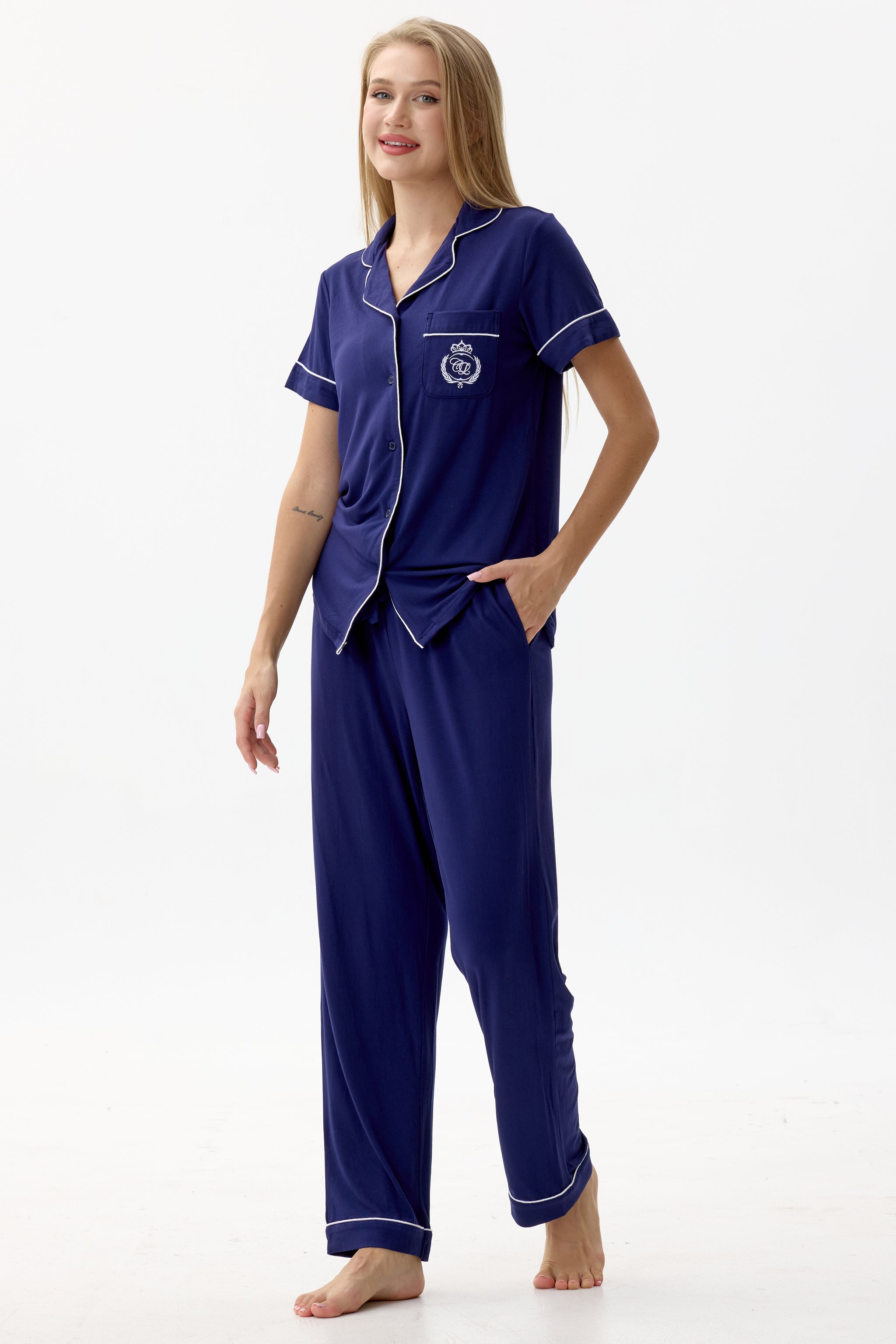 Royal Navy Bamboo Silk™ Pajama Set – Short Sleeve & Pants - Crescentt