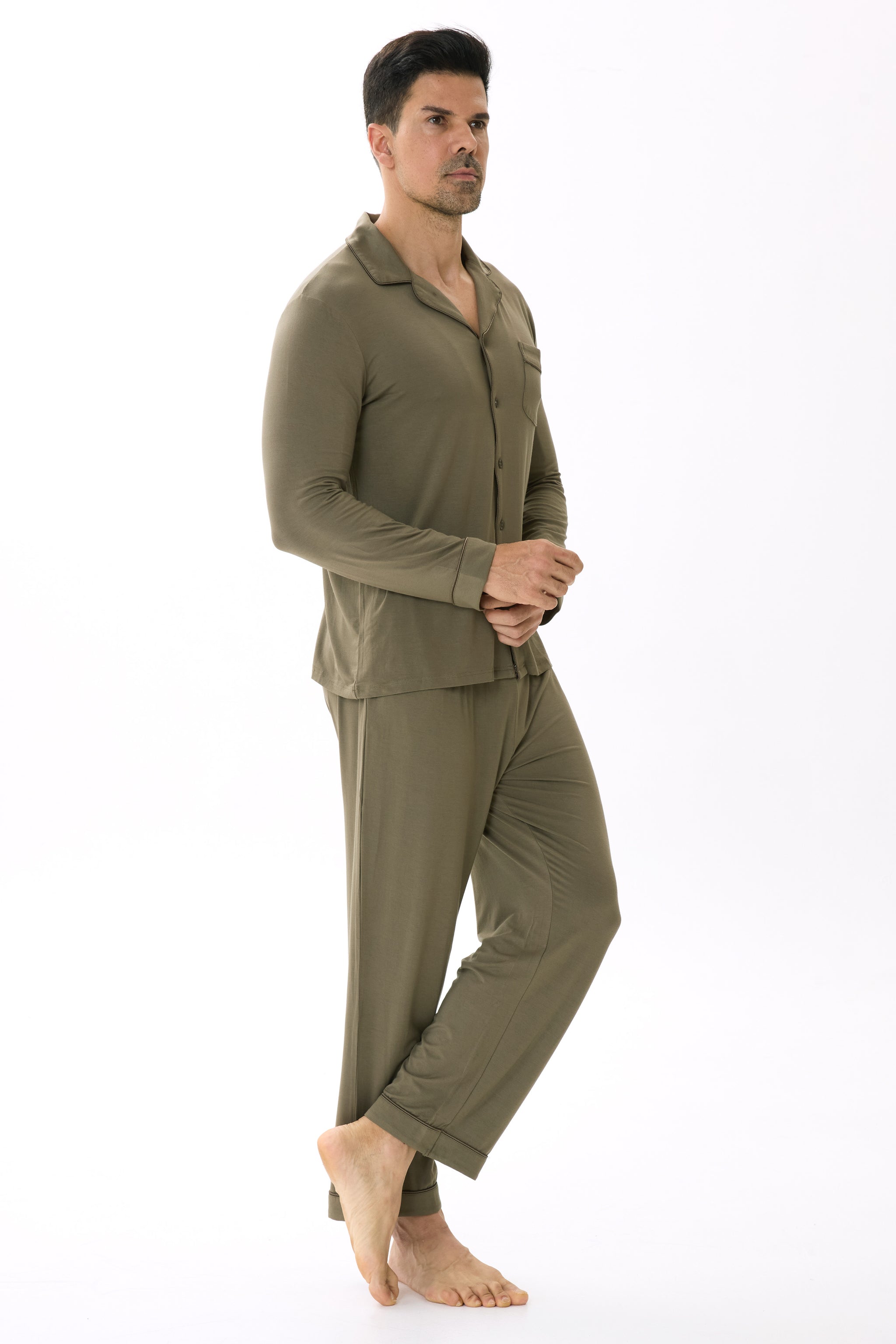 Olive Green Men’s Organic Bamboo Silk™ Pajama Set – Long Sleeve & Pants - Crescentt