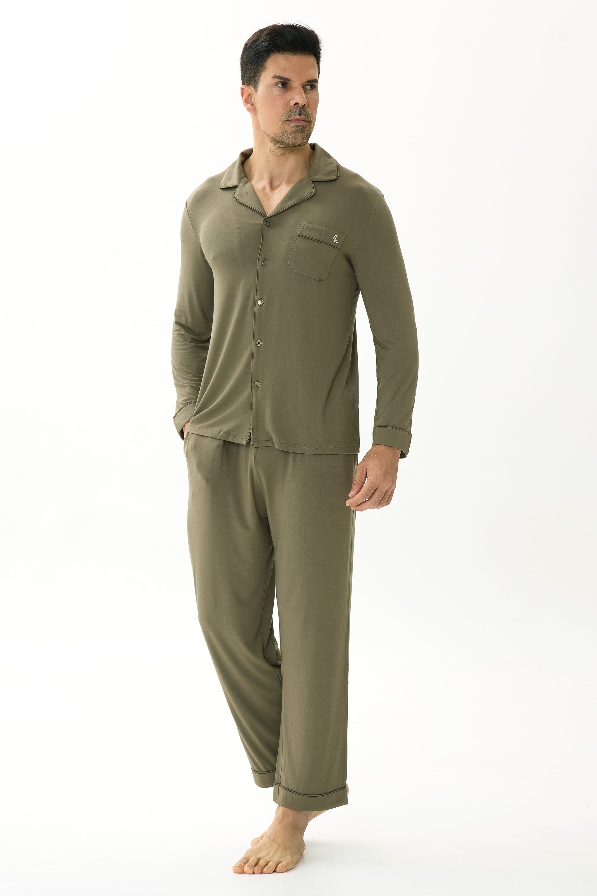 Olive Green Men’s Organic Bamboo Silk™ Pajama Set – Long Sleeve & Pants - Crescentt