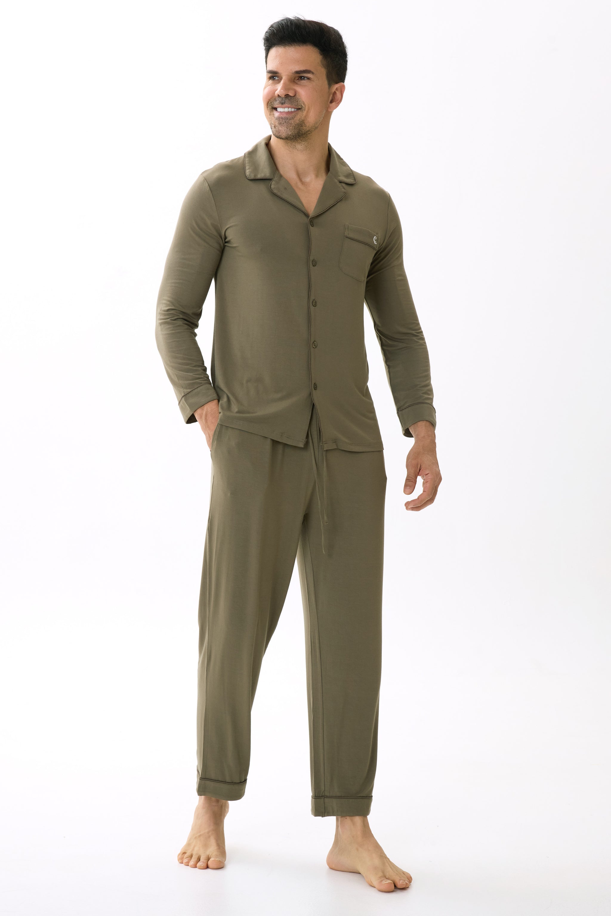 Olive Green Men’s Organic Bamboo Silk™ Pajama Set – Long Sleeve & Pants - Crescentt