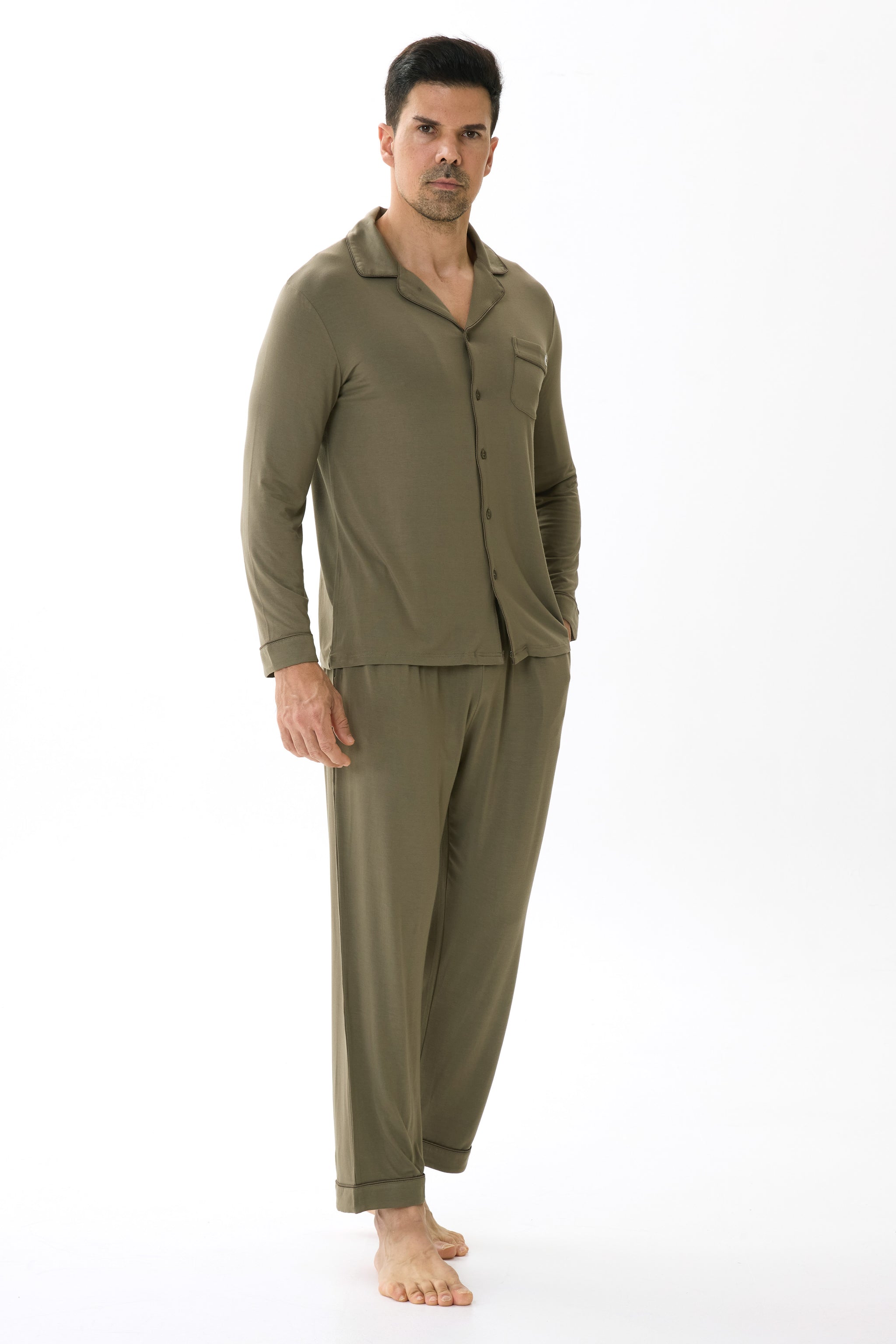 Olive Green Men’s Organic Bamboo Silk™ Pajama Set – Long Sleeve & Pants - Crescentt