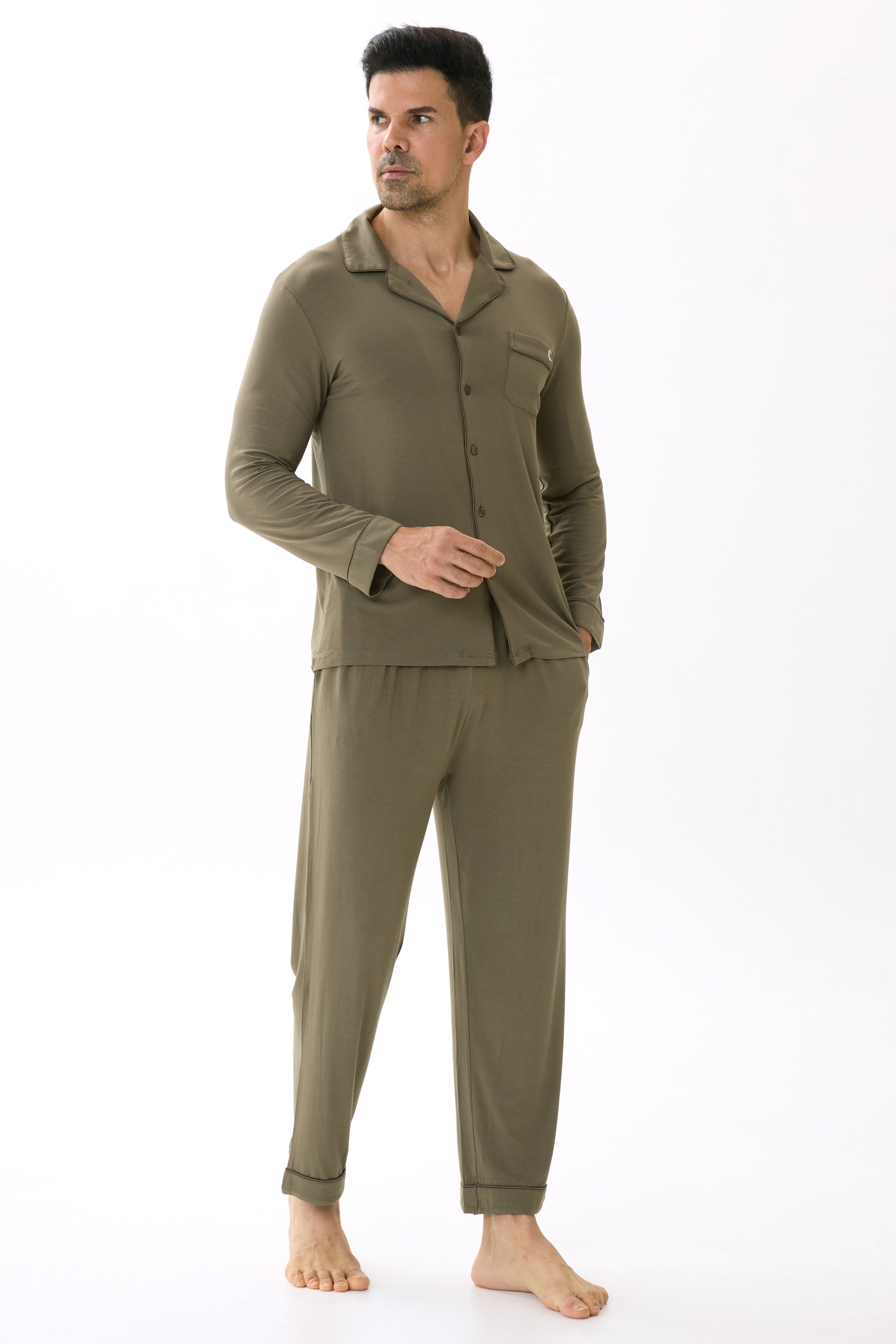 Olive Green Men’s Organic Bamboo Silk™ Pajama Set – Long Sleeve & Pants - Crescentt