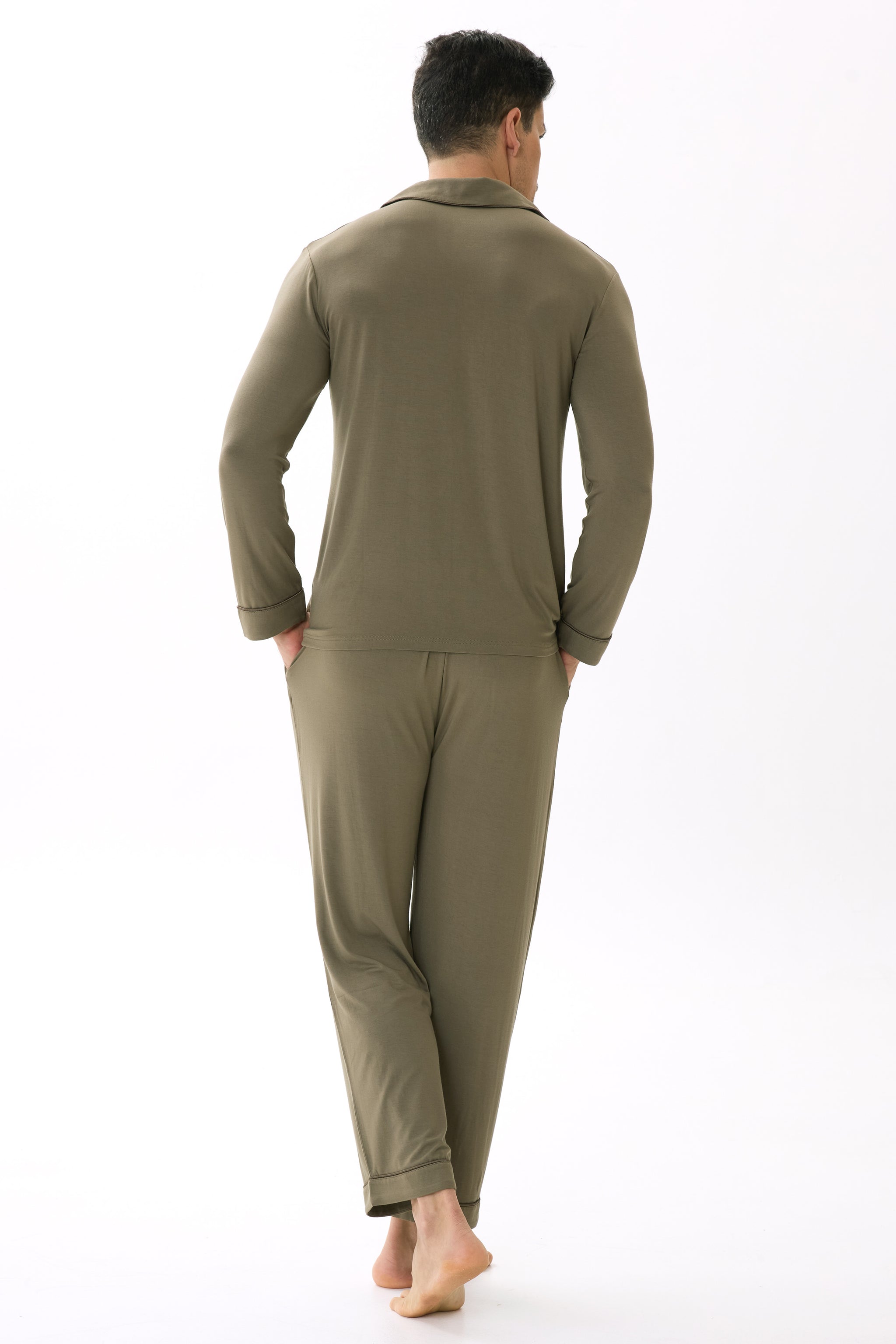 Olive Green Men’s Organic Bamboo Silk™ Pajama Set – Long Sleeve & Pants - Crescentt