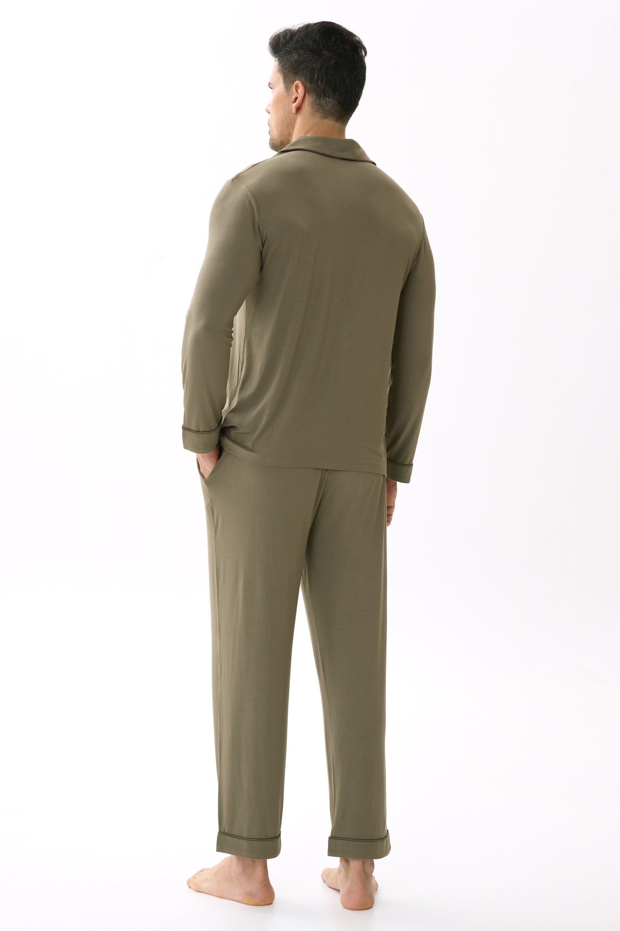 Olive Green Men’s Organic Bamboo Silk™ Pajama Set – Long Sleeve & Pants - Crescentt