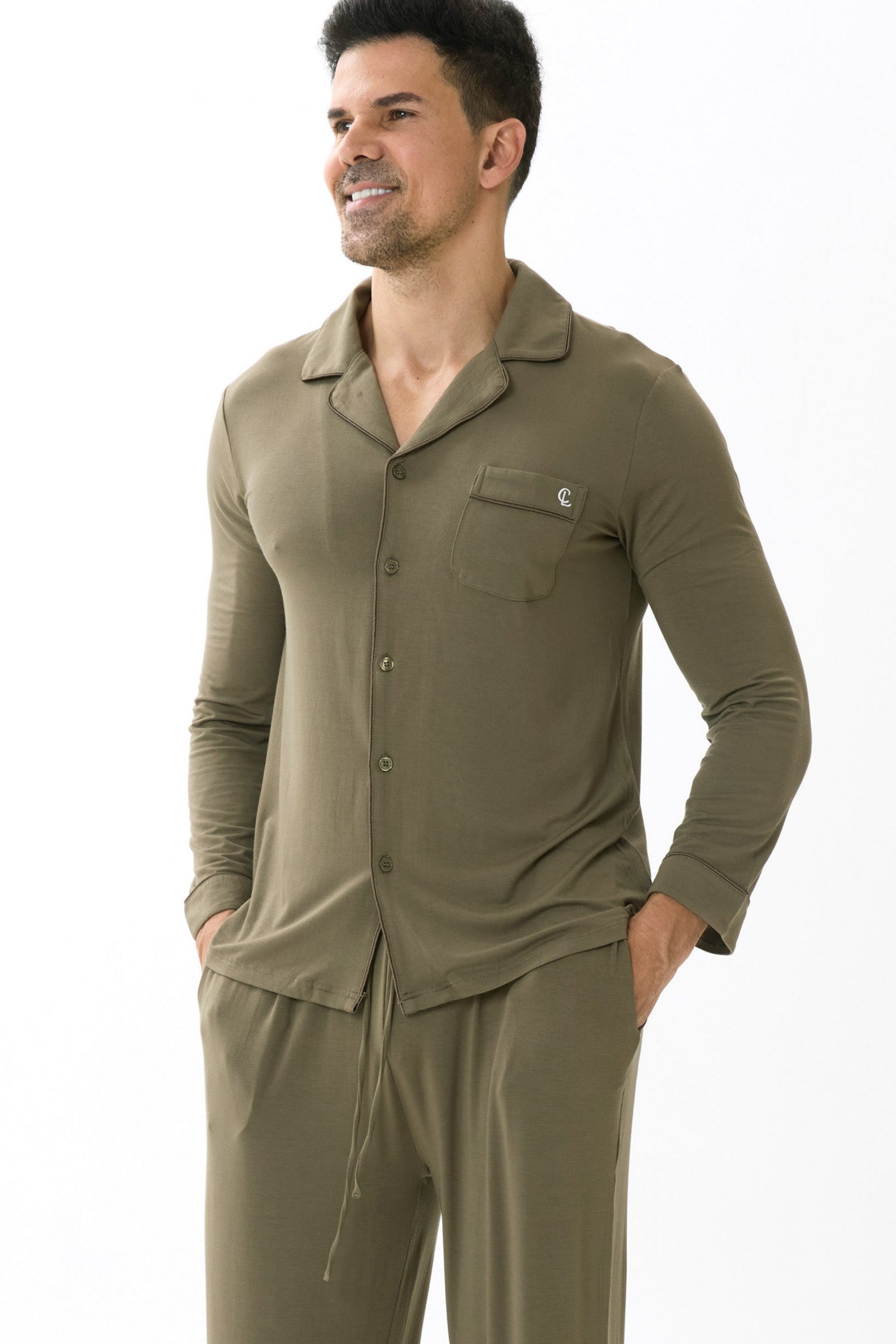Olive Green Men’s Organic Bamboo Silk™ Pajama Set – Long Sleeve & Pants - Crescentt