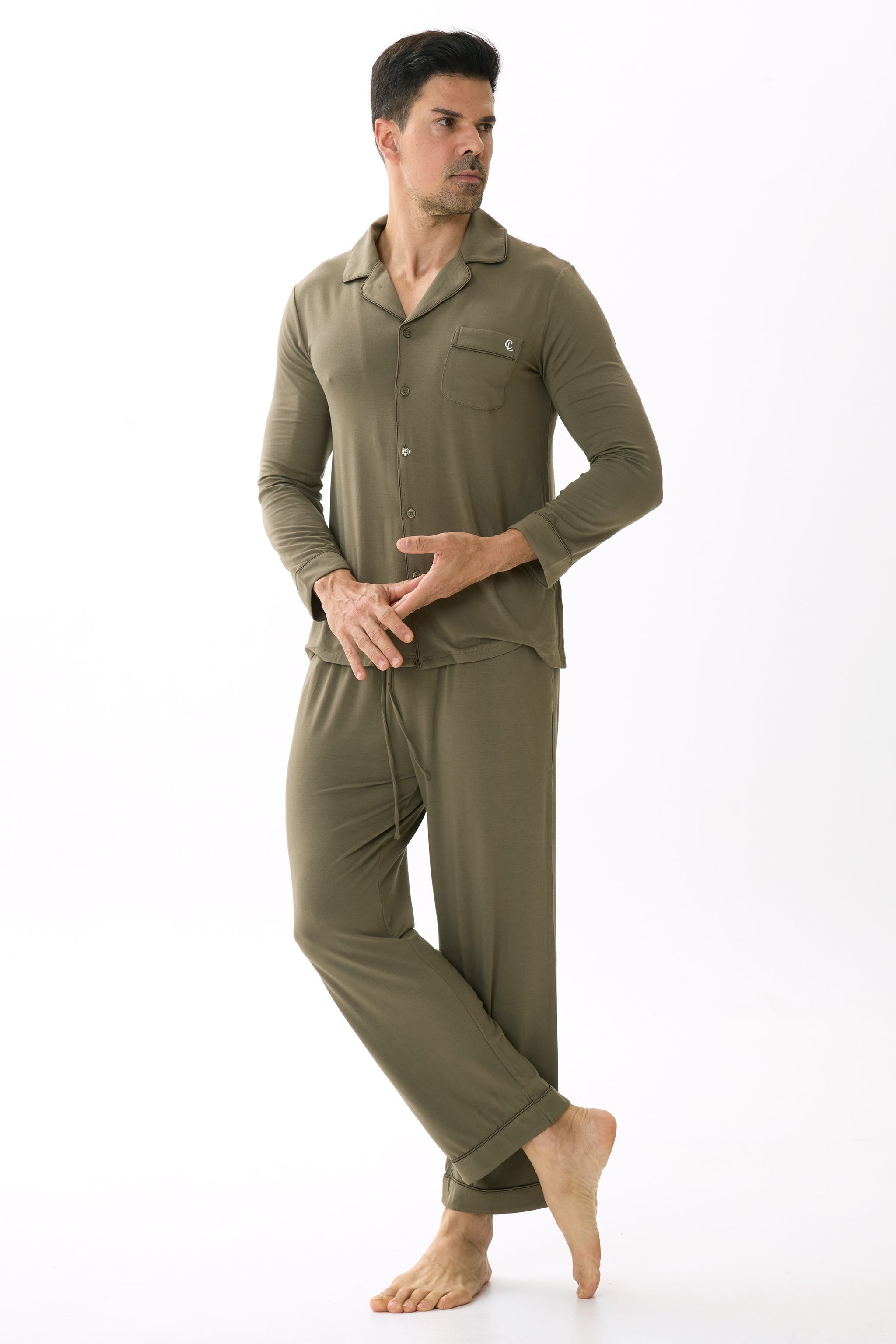 Olive Green Men’s Organic Bamboo Silk™ Pajama Set – Long Sleeve & Pants - Crescentt
