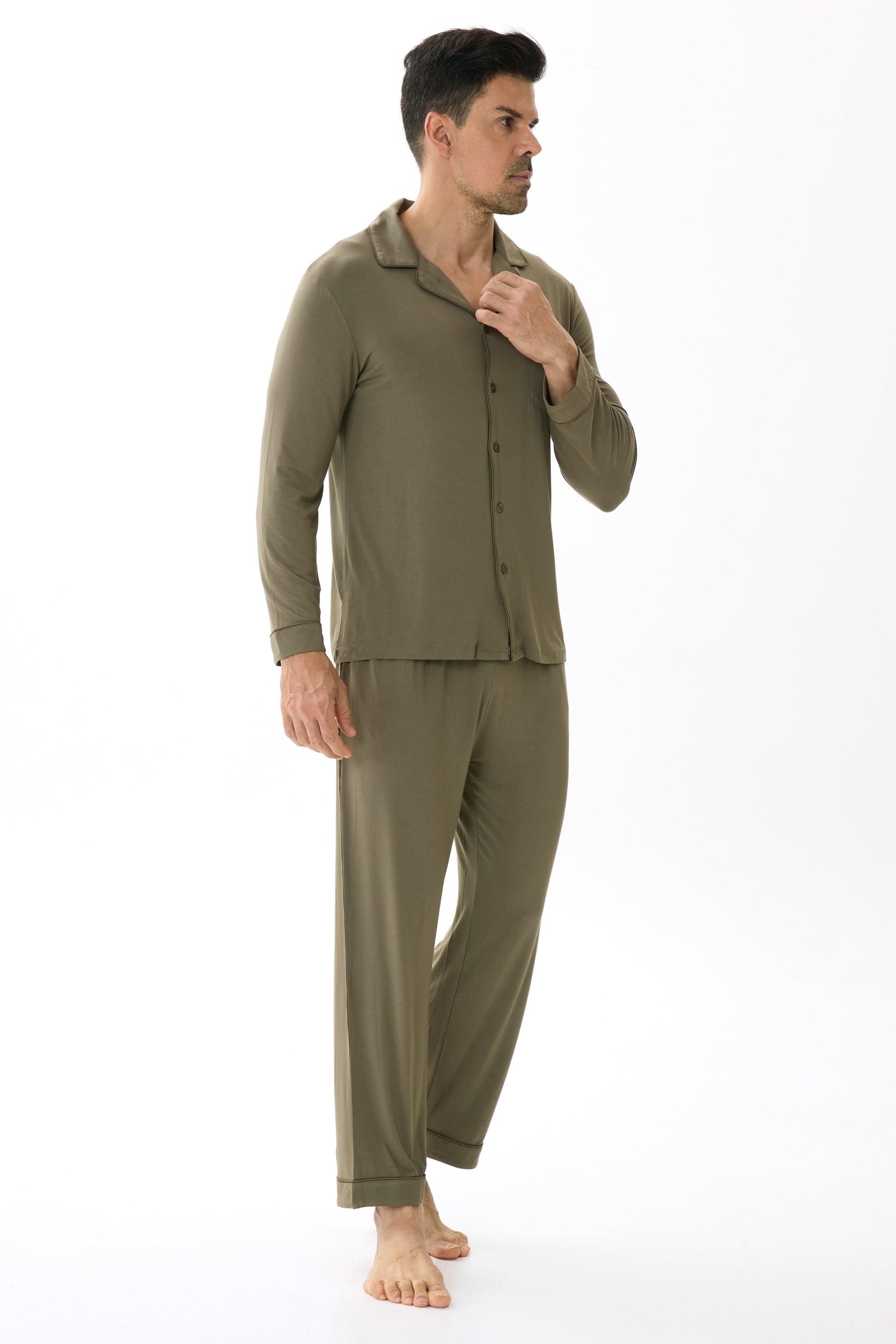 Olive Green Men’s Organic Bamboo Silk™ Pajama Set – Long Sleeve & Pants - Crescentt